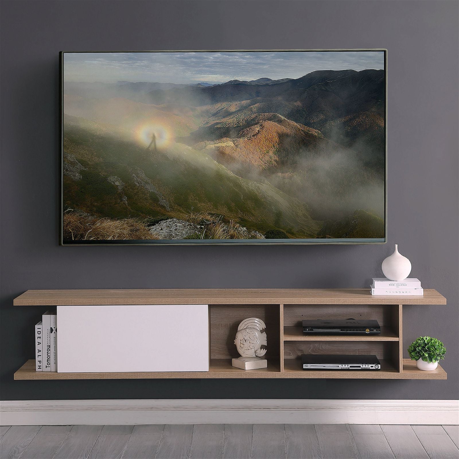 Auldrin 200cm Floating TV Stand Entertainment Center - Modern Wall Mounted Oak Media Console for Living Room, Bedroom & Home Theater