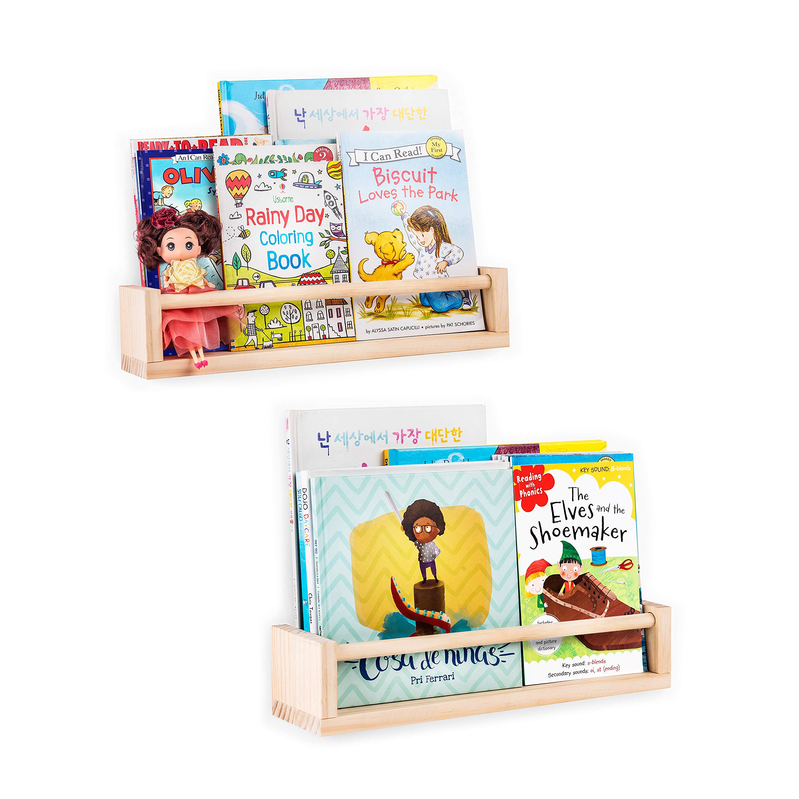 AITUFIY Floating Wall Shelf Set of 2 - Natural Wood Wall Mount Bookshelf Organizer & Spice Rack - Perfect for Home Office, Kitchen Storage & Living Room Decor