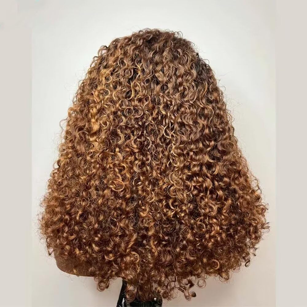 13x4 HD Lace Frontal Human Hair Wig - 4C Kinky Curly 180% Density Ombre Honey Blonde 10 Inch Deep Wave Glueless Wig with Pre-Plucked Baby Hair & Bleached Knots | Perfect for Protective Styling, Daily Wear & Special Occasions