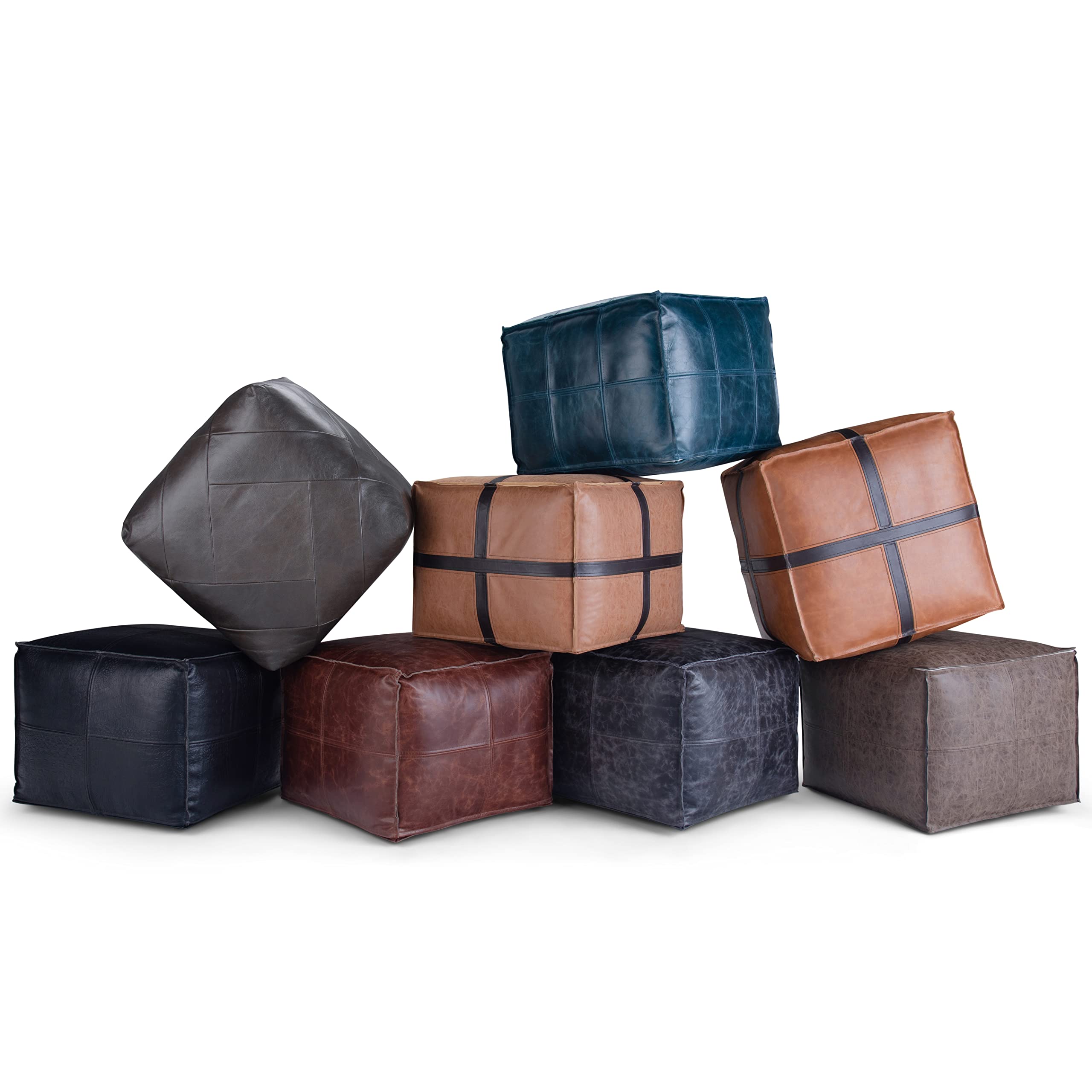 SIMPLIHOME Manning Boho Square Pouf in Teal - Genuine Leather Ottoman for Living Room, Bedroom, Nursery & Dorm - Stylish Footrest, Seating & Home Decor Accent