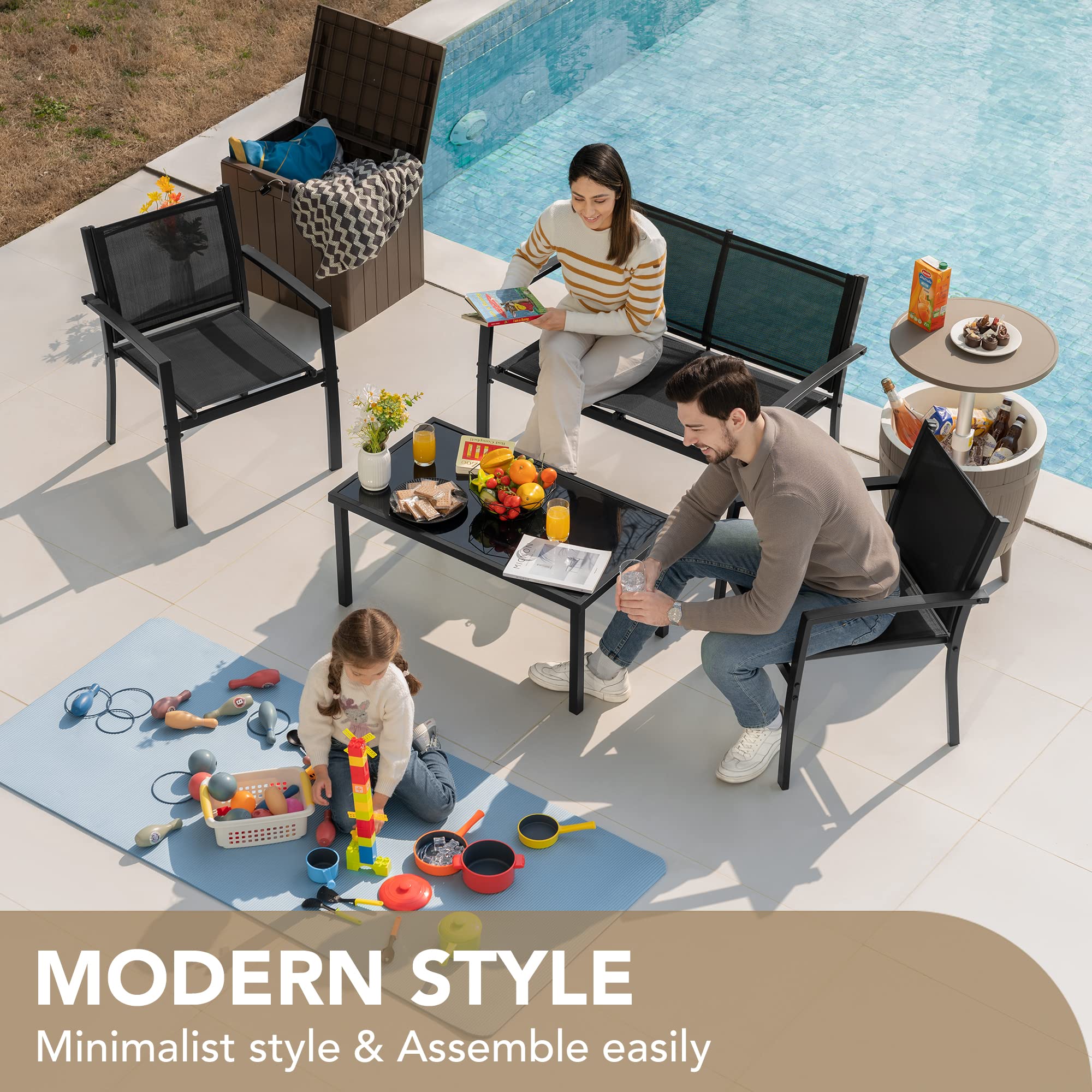Devoko 4-Piece Outdoor Patio Furniture Set - Black Wicker Garden Conversation Set with Tempered Glass Coffee Table - Perfect for Poolside, Lawn, Porch & Backyard Relaxation