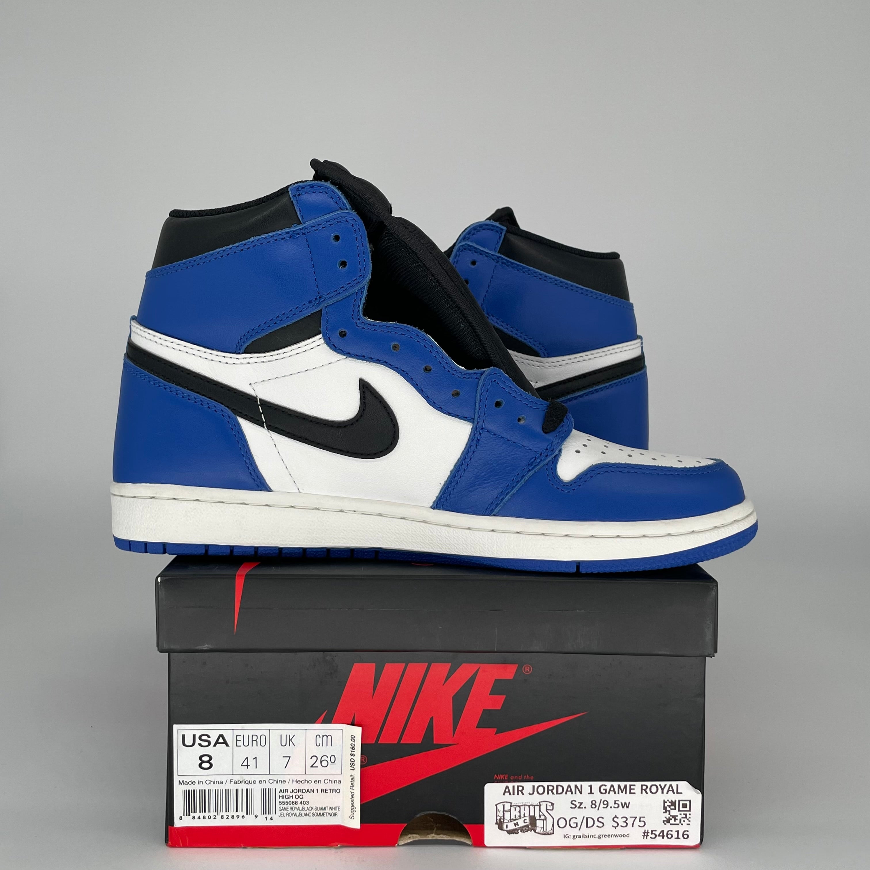 Original Air Jordan 1 Retro High OG 'Game Royal' Men's Basketball Shoes - Size 8 (555088-403) - Perfect for Streetwear & Sneaker Collectors