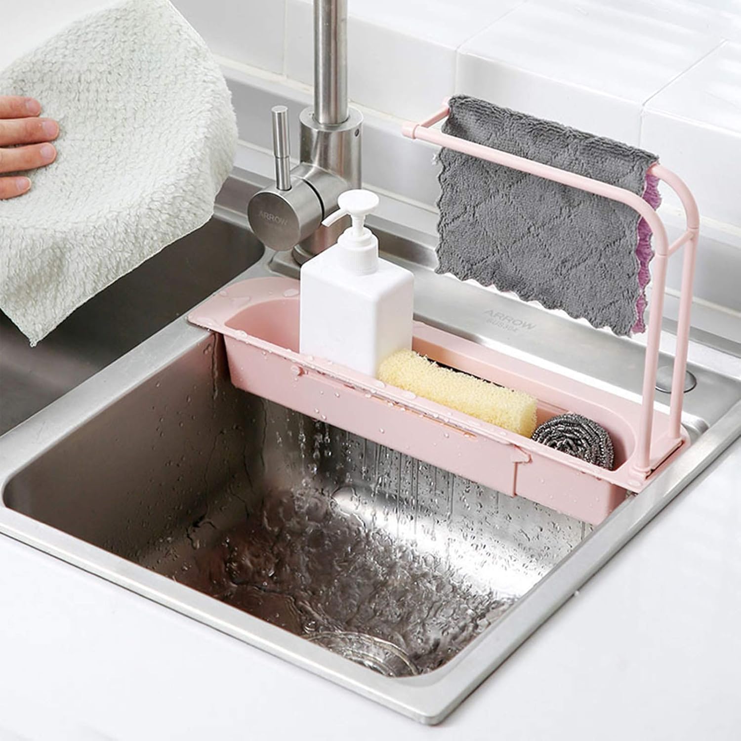 Upkaranwale Kitchen Sink Organizer Rack with Soap Holder - Pink | Space-Saving Sink Caddy for Sponges & Dish Soap | Perfect for Small Kitchens & Bathrooms