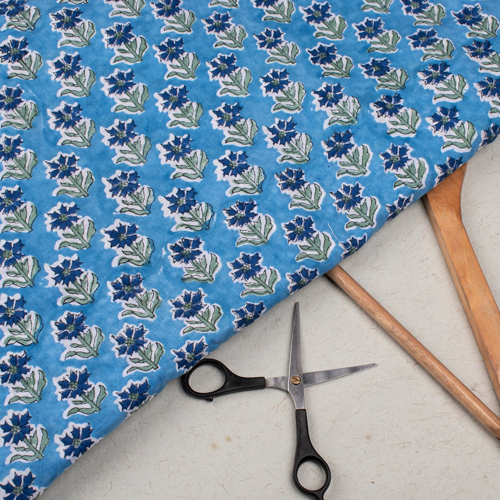 Handmade Block Printed Cotton Fabric - Multi Floral Azure Blue Design for DIY Crafts, Quilting & Home Decor | Premium Quality Cotton Material for Sewing Projects & Boho Style Fashion