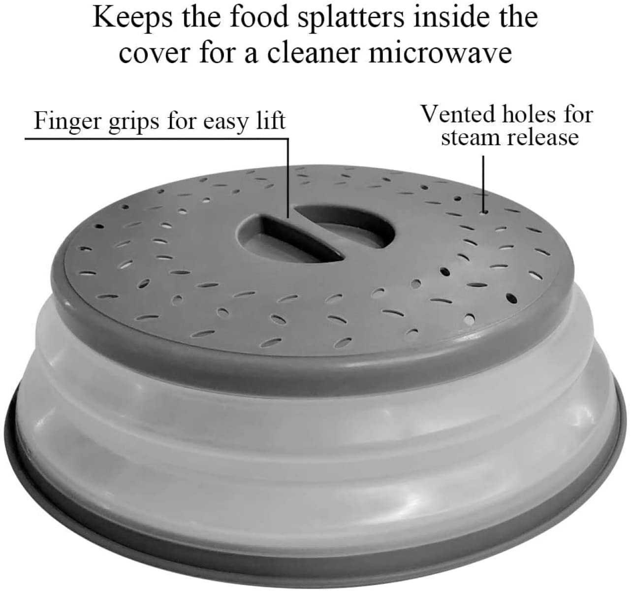 10.5 Inch Round Microwave Plate Cover with Steam Vents - Collapsible Splatter Proof Food Cover with Easy Grip Handle, Dishwasher Safe BPA-Free Silicone & Plastic by Polerce (Gray) - Perfect for Reheating Meals, Preventing Messes & Keeping Food Fresh