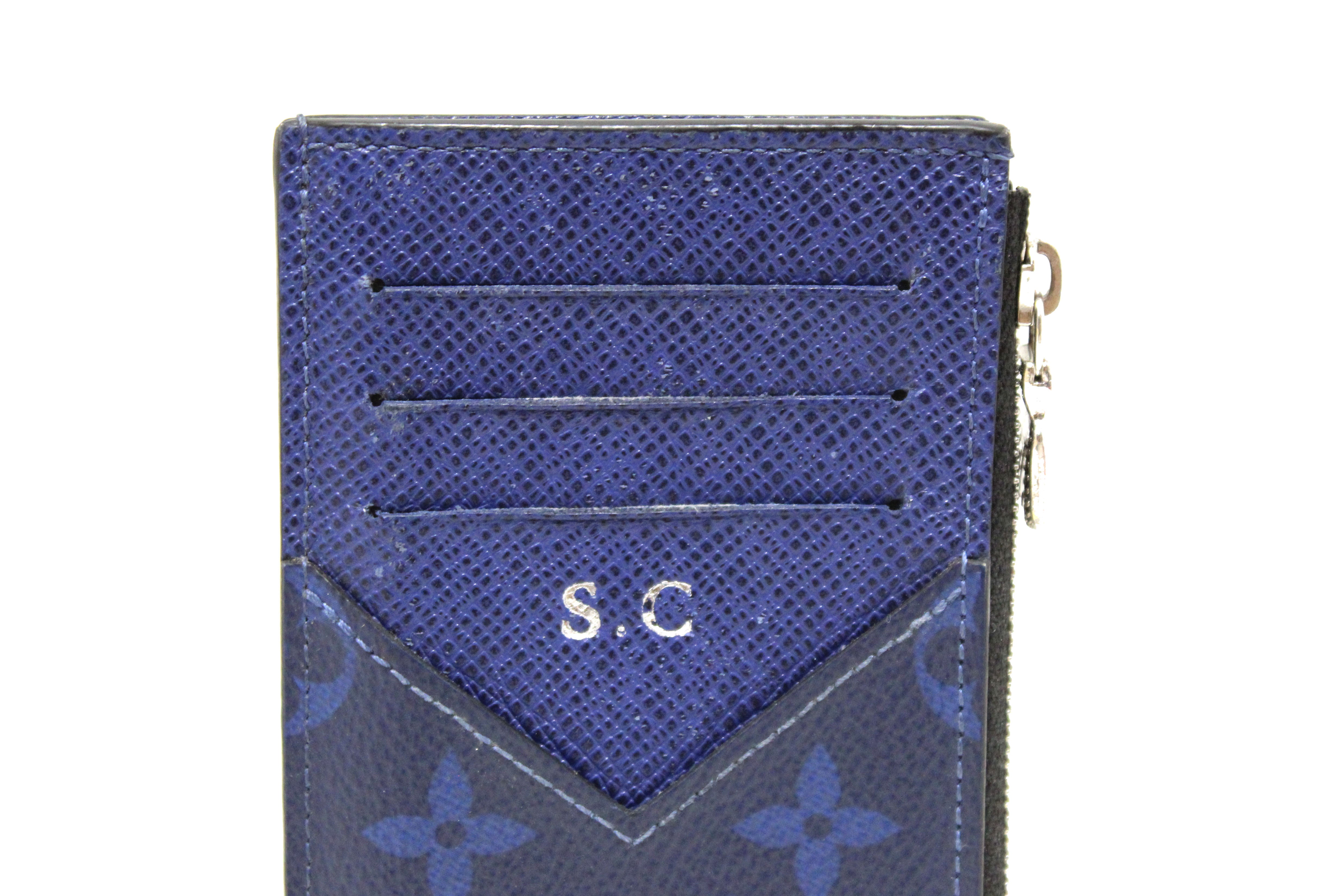 Authentic Louis Vuitton Blue Monogram Canvas & Taiga Leather Coin Card Holder Wallet - Perfect for Everyday Use, Travel & Luxury Gift Giving