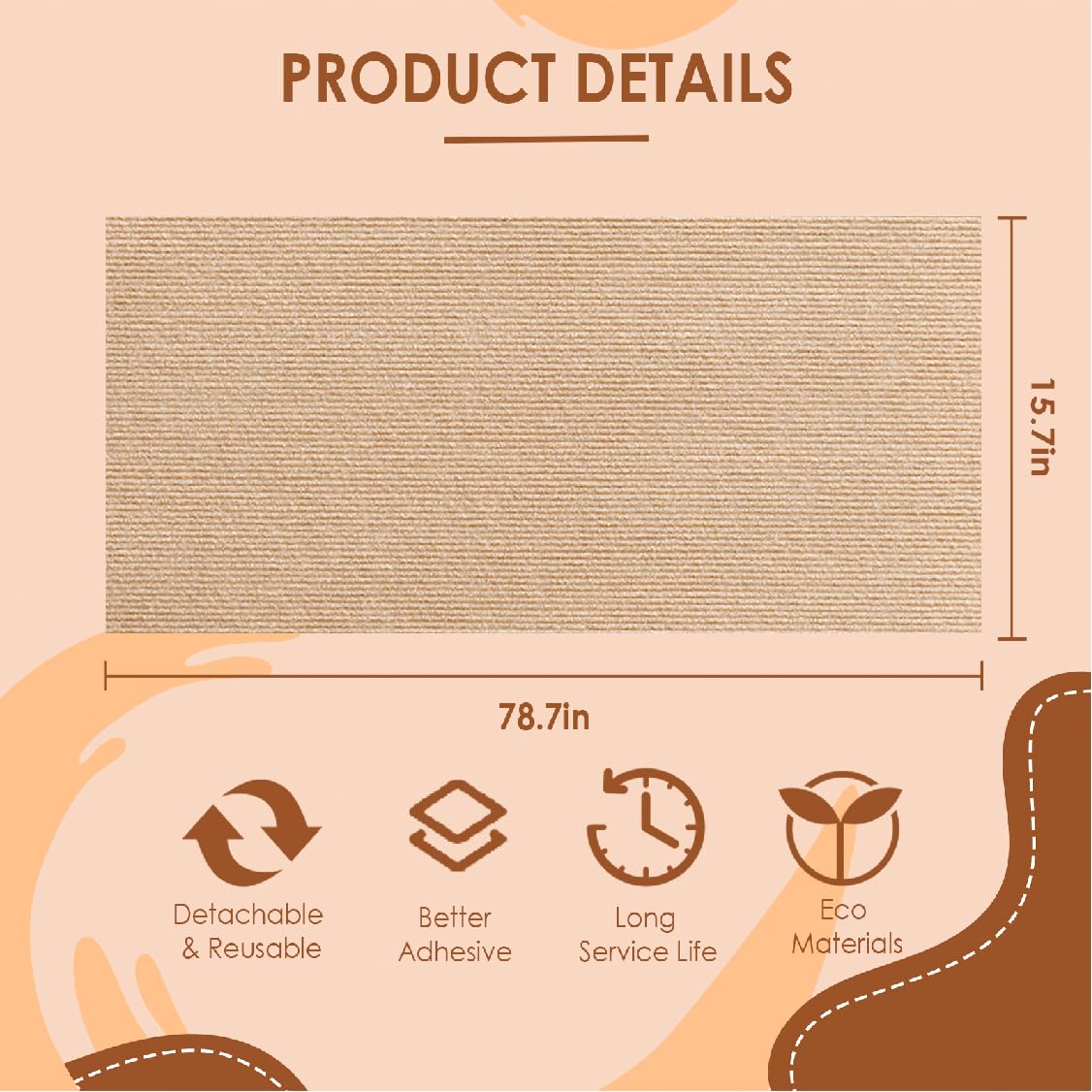 Self-Adhesive Cat Scratch Carpet Mat 78.7x15.7 Inches - Trimmable Furniture Protector for Cats | Replacement for Cat Tree Shelves & Scratching Posts | DIY Wall Mounted Cat Scratcher for Home & Office Use