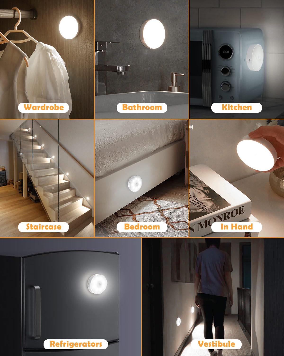 KALAHOL Motion Sensor LED Lights Indoor 6 Pack - USB Rechargeable Under Cabinet Lighting, Stair Lights, Night Lights with 3 Modes - Magnetic Mount for Kitchen, Closet, Stairs & Cupboards (Ideal for Nighttime Safety & Energy-Efficient Home Lighting)