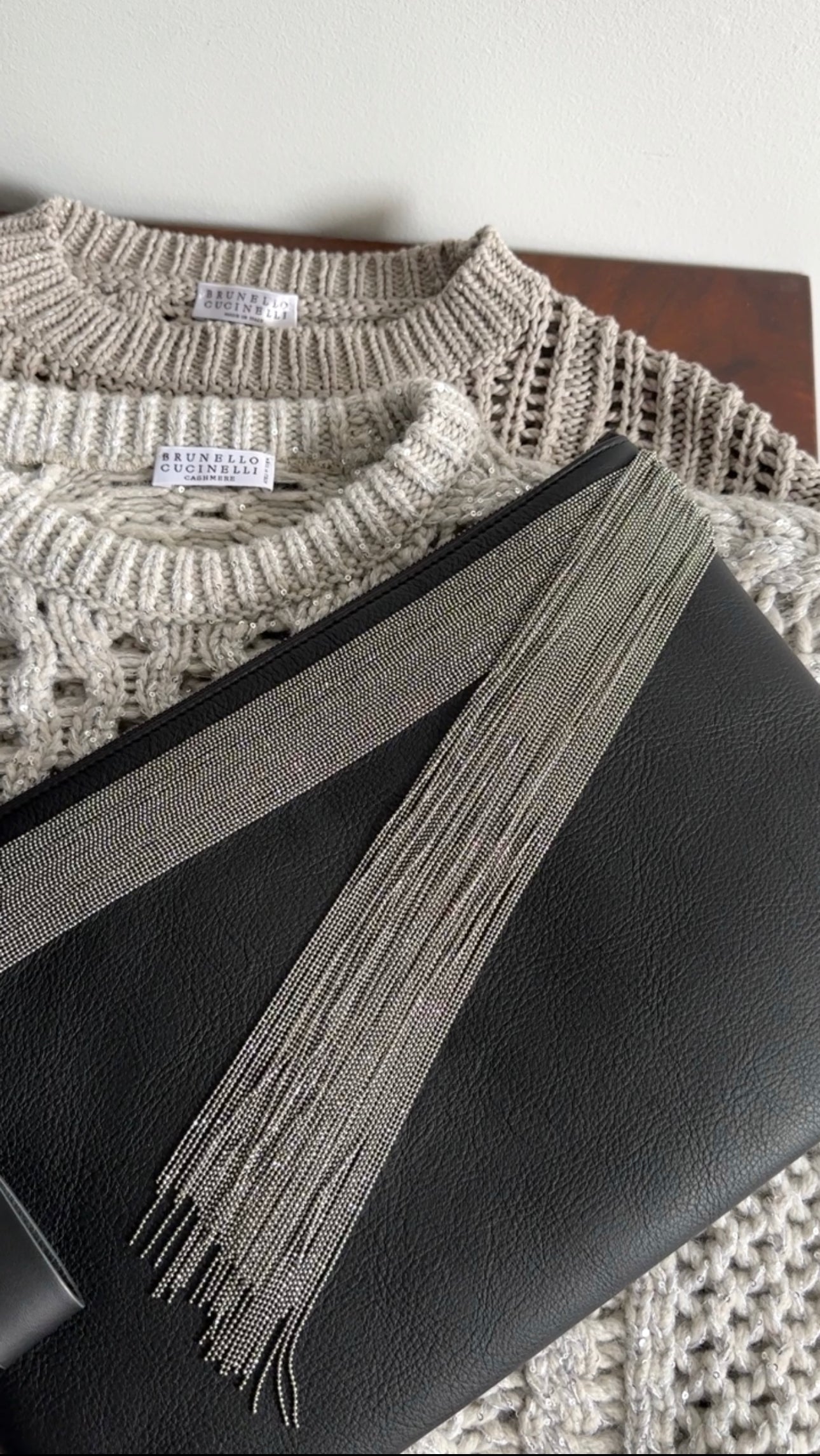 Brunello Cucinelli Charcoal Grey Leather Fringe Zip Pouch Clutch Bag for Women | Elegant Evening Party & Wedding Accessory | Stylish Crossbody Handbag for Date Night & Special Occasions