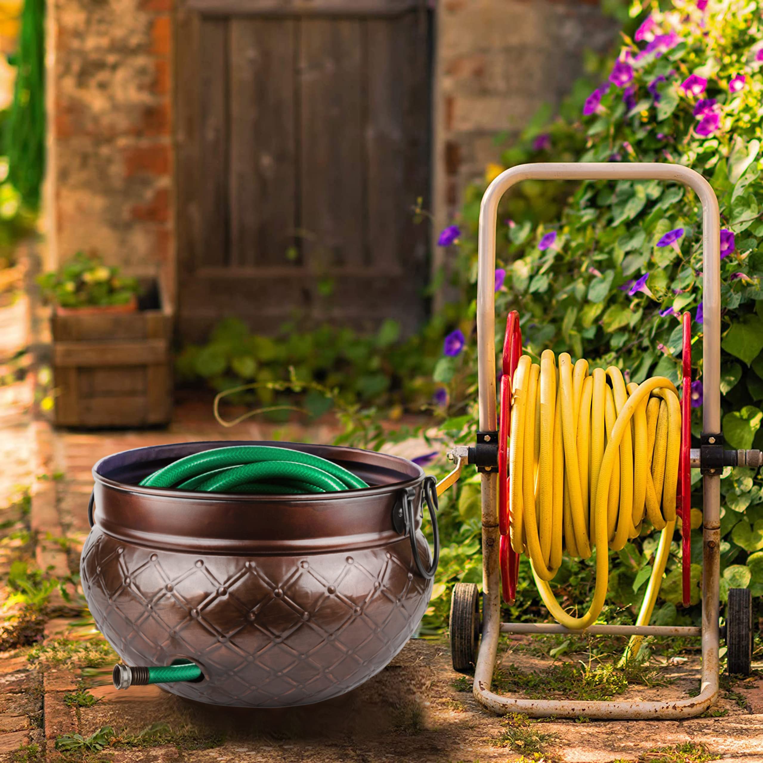 LifeSmart Heavy Duty Garden Hose Pot Storage Holder with Copper Accents - 16 x 12 Inch Water Hose Hider for Indoor & Outdoor Use | Holds Up to 150 ft Hose | Perfect for Patio, Yard, and Garage Organization
