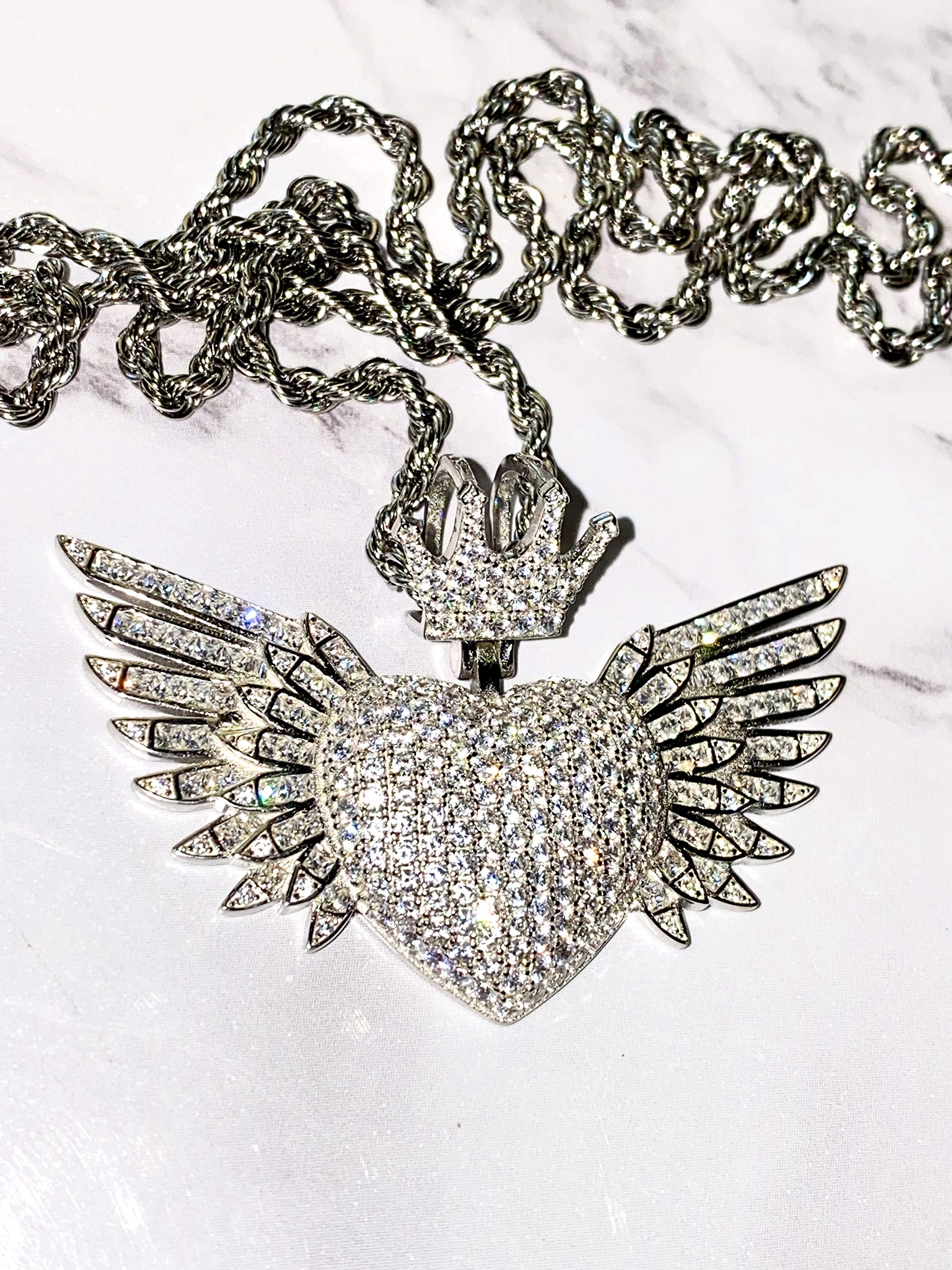 925 Sterling Silver Angel Heart Pendant Necklace for Men & Women - Italian White Gold Finish Iced Out Charm with 3mm Stainless Steel Rope Chain (16