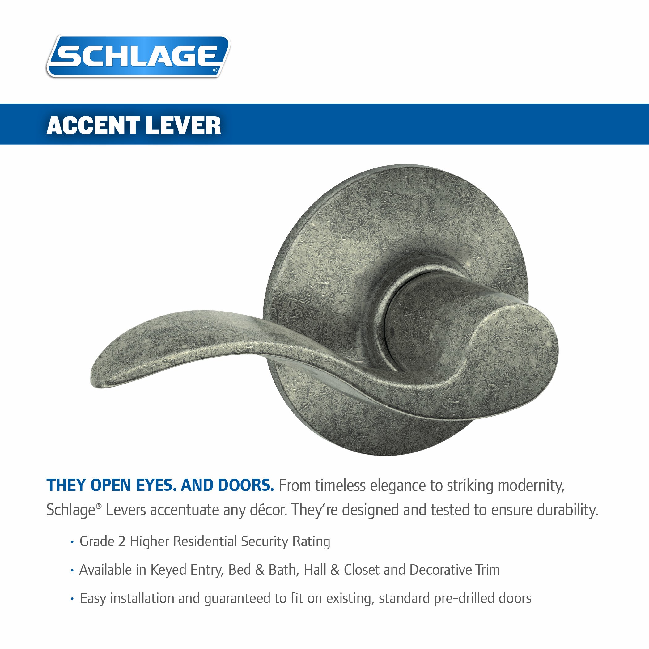 Schlage Accent Lever Bed and Bath Door Lock - Distressed Nickel Finish - Secure Privacy for Bedrooms, Bathrooms & Interior Doors