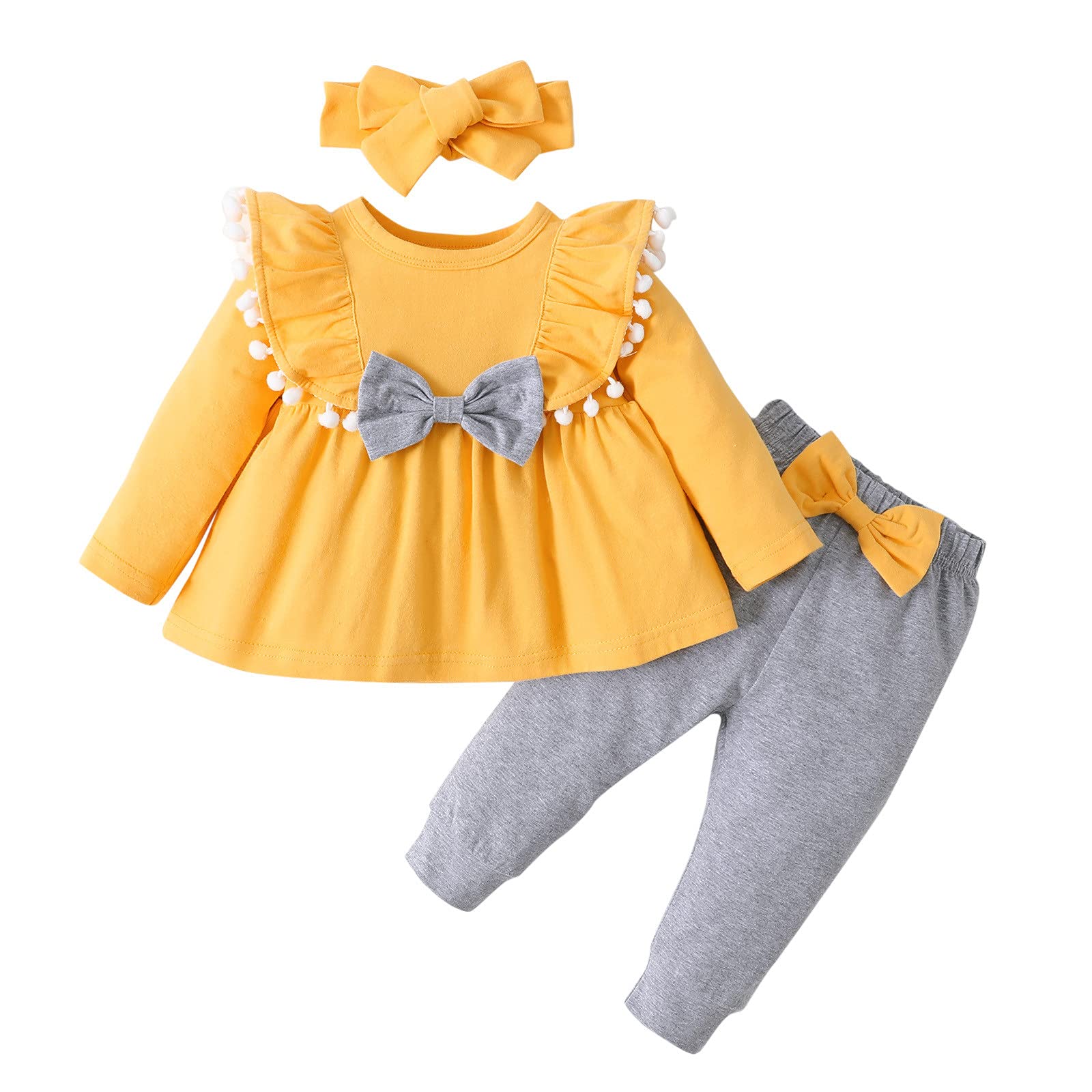 **Baby Girls Outfits Set - Toddler Cotton-Blend Long Sleeve Bowknot Tassel Top & Pants with Headband - Cute Outfits for Playdates, Parties & Photos**
