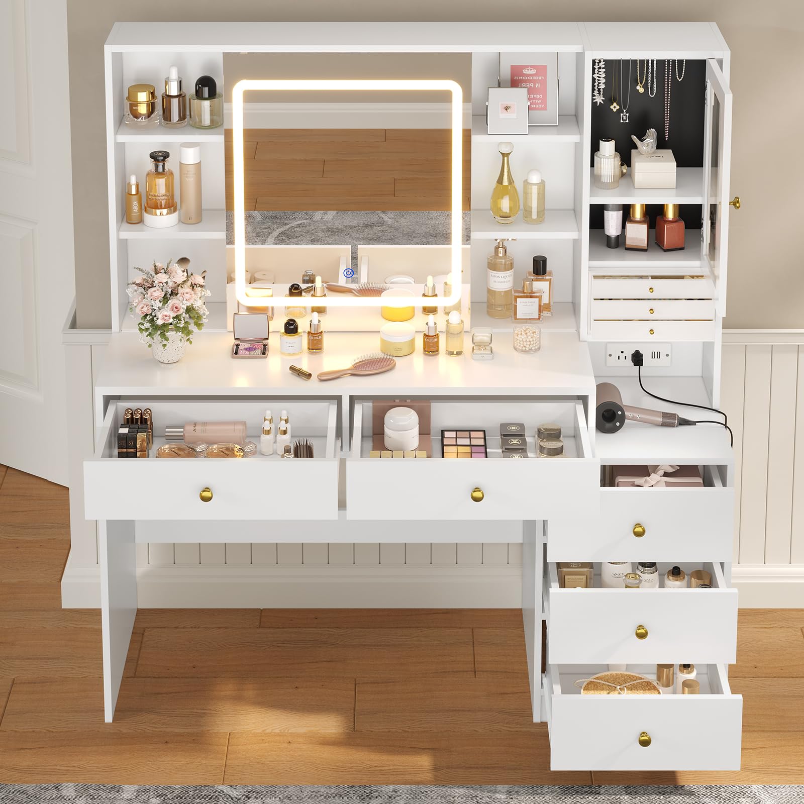 Modern White Makeup Vanity with LED Lights & Sliding Mirror - Vanity Desk with Jewelry Organizer, Glass Cabinet & 5 Drawers - Perfect for Bedroom, Dressing Room & Beauty Salon