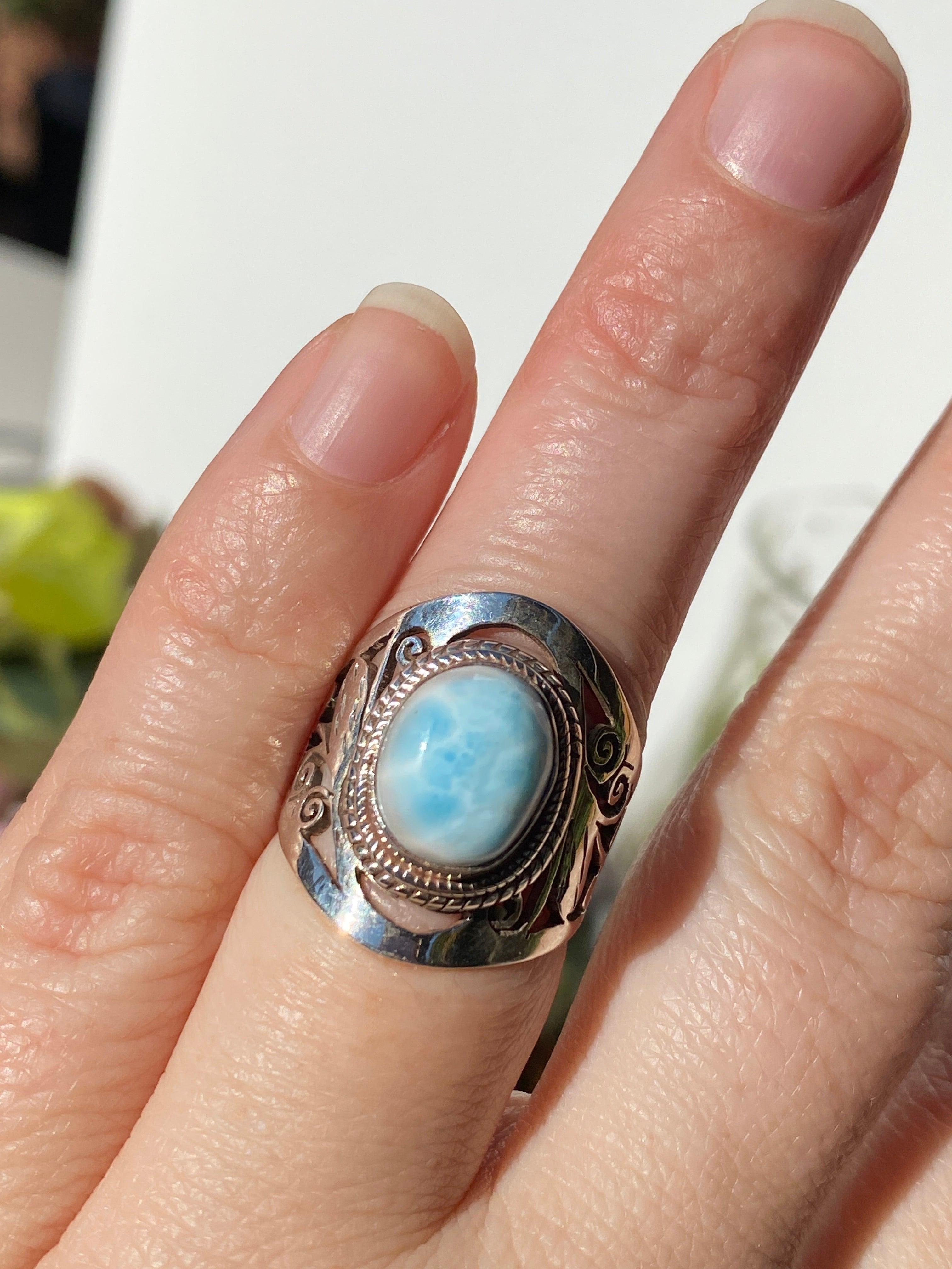 Larimar Oval Cabochon Ring with Detailed Banding - Handmade Sterling Silver Jewelry - Perfect for Beach Weddings & Boho Fashion