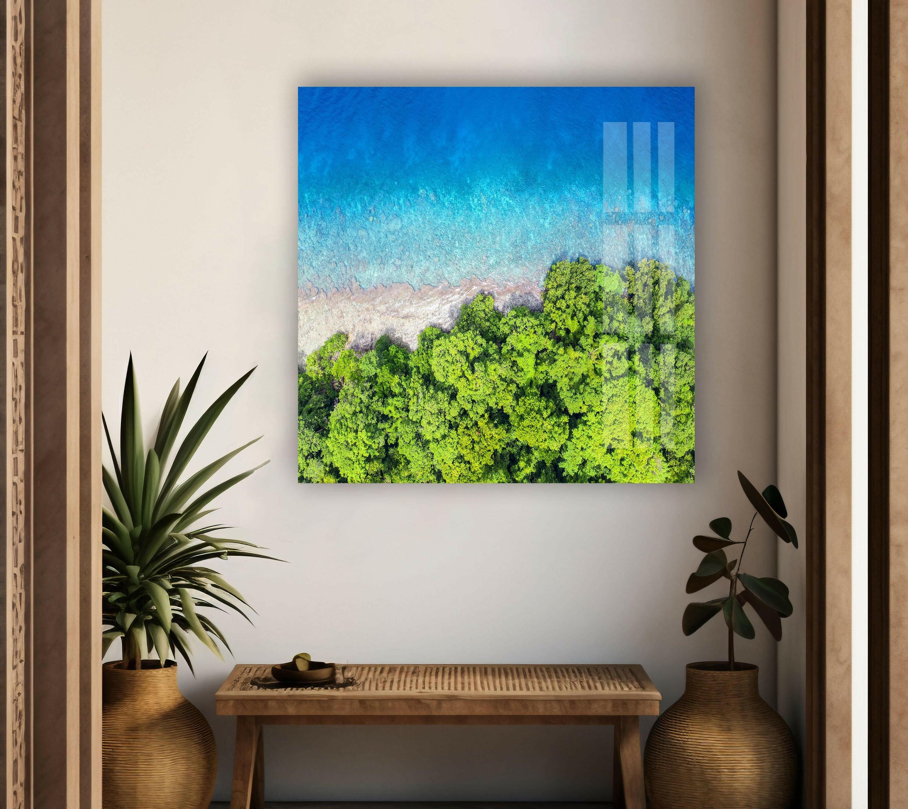 Stunning Aerial Tropical Beach Coastal View - Framed Glass Wall Art for Living Room, Bedroom & Office Decor