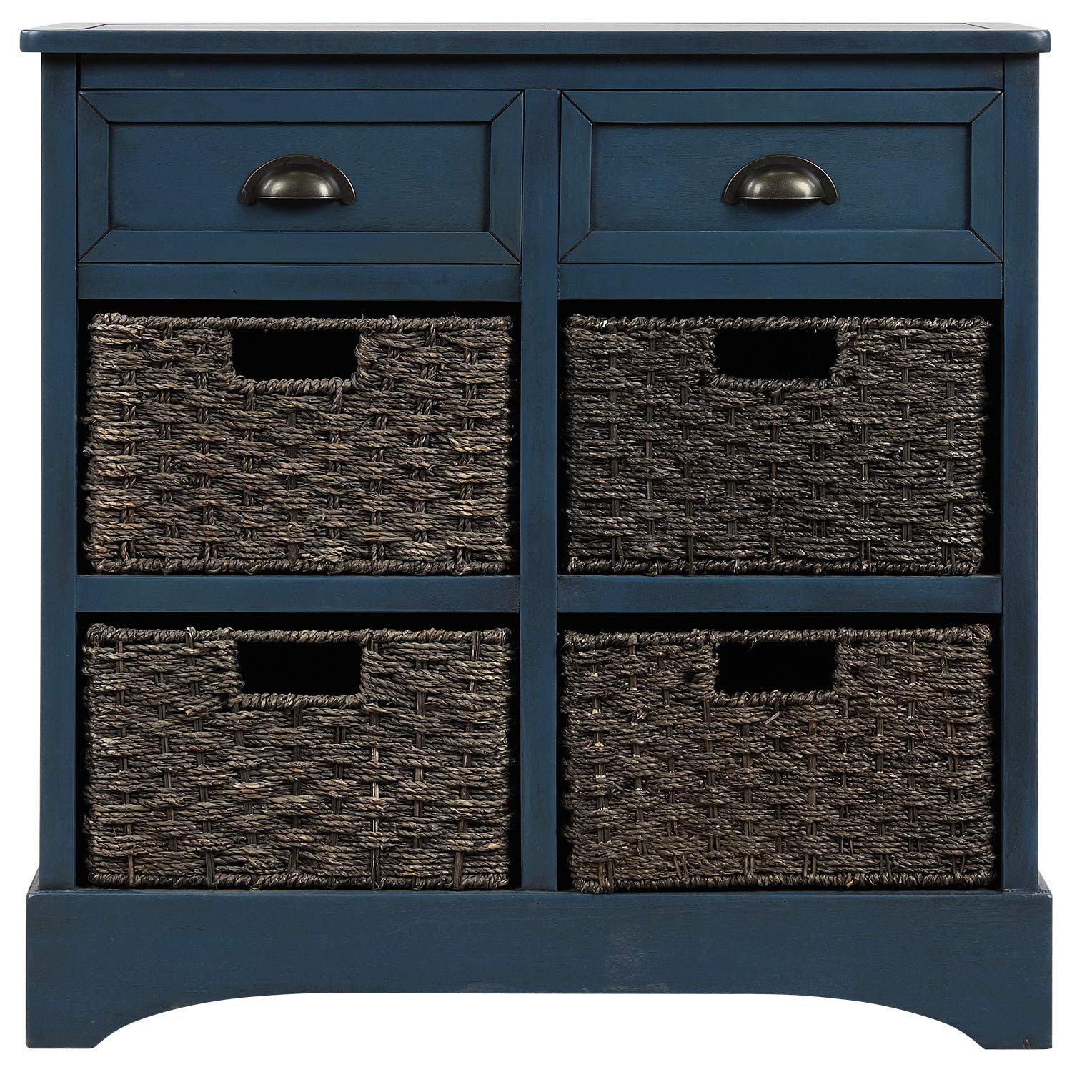 Rustic Acacia Wood Storage Cabinet with 2 Drawers & 4 Rattan Baskets - Entryway Console Table, Sofa Side Table, Living Room & Dining Room Storage Organizer - Antique Navy MDF Panel Design - Perfect for Hallway Organization, Farmhouse Decor & Small Space Storage Solutions