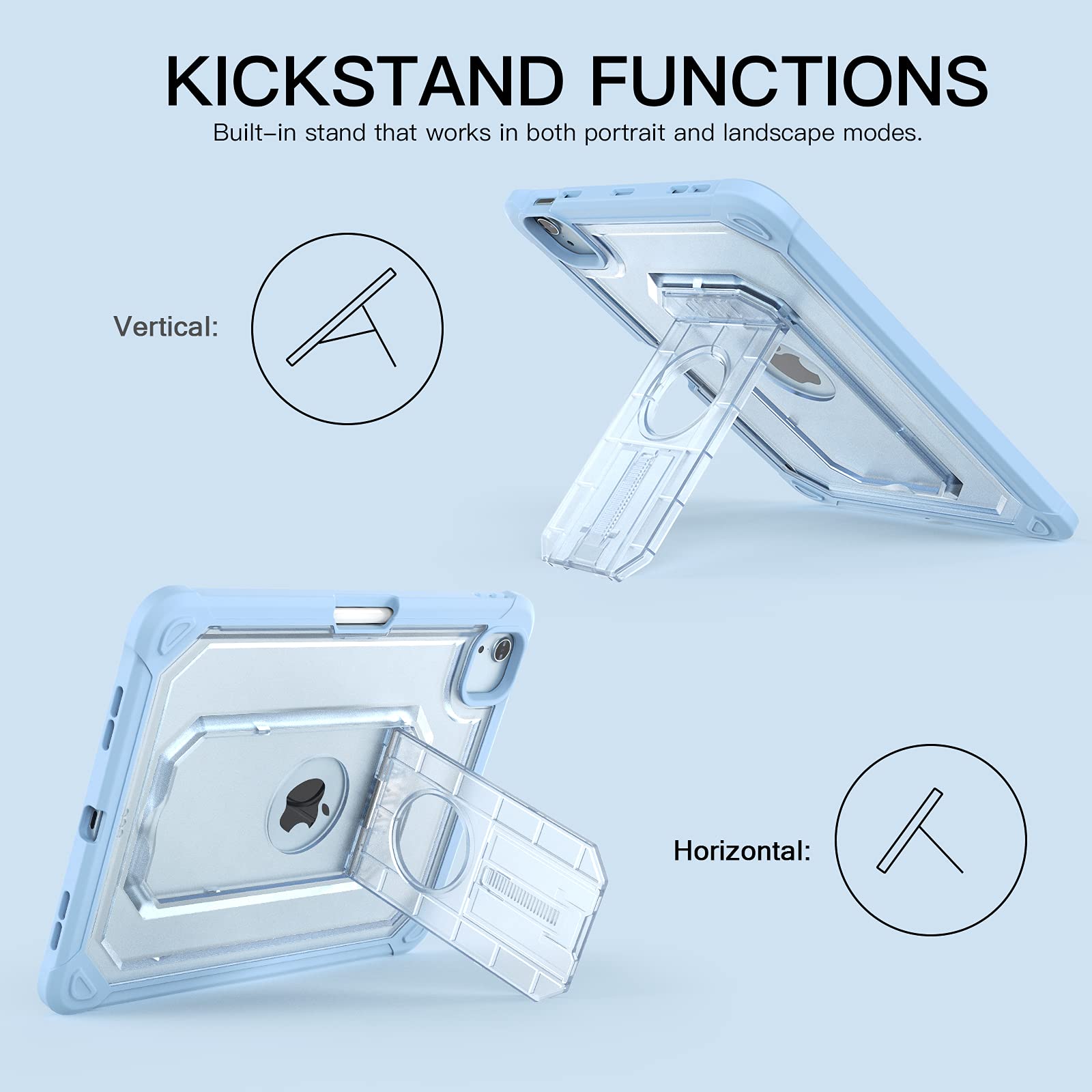 Clear Shockproof iPad Air 5th/4th Gen Case (10.9 Inch 2022/2020) - Built-in Screen Protector & Apple Pencil Holder with Kickstand - Dual Layer Protection in Clear & Sky Blue - Perfect for Work, School & Travel