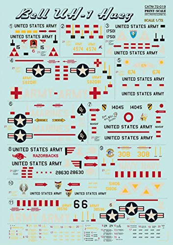 1/72 Scale Bell UH-1 Huey Helicopter Water Slide Decal Set - Model Aircraft Decals for Military Diorama & Scale Modeling Projects