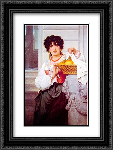 Pierre Auguste Cot 'Girl With Basket Of Oranges And Lemons' 18x24 Framed Art Print - Black Ornate Frame & Double Matting - Vintage Oil Painting Reproduction for Living Room, Bedroom, or Office Decor