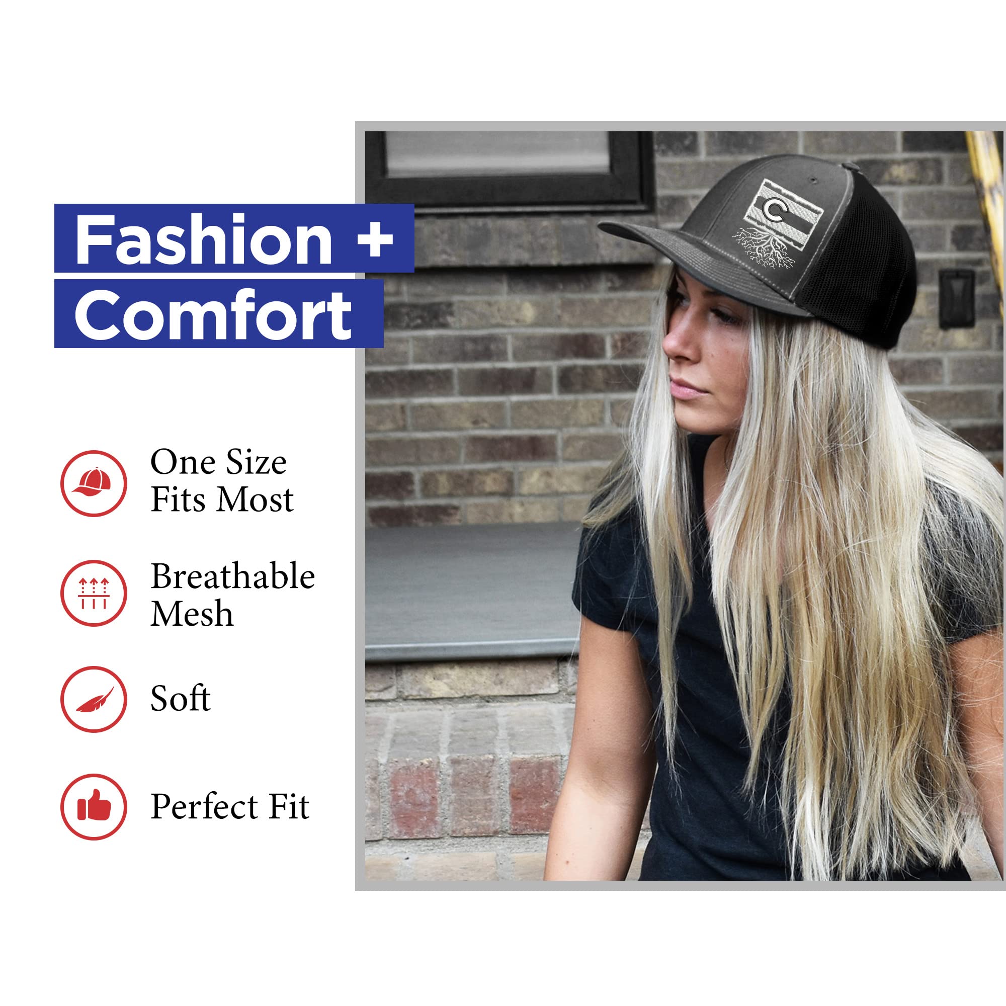 Colorado Roots Snapback Hat - Stylish Unisex Baseball Cap with Mesh Back, Polyester Cotton Trucker Hat, Six-Panel Design, Universal Fit (Charcoal/Black) - Perfect for Outdoor Activities, Sports & Casual Wear