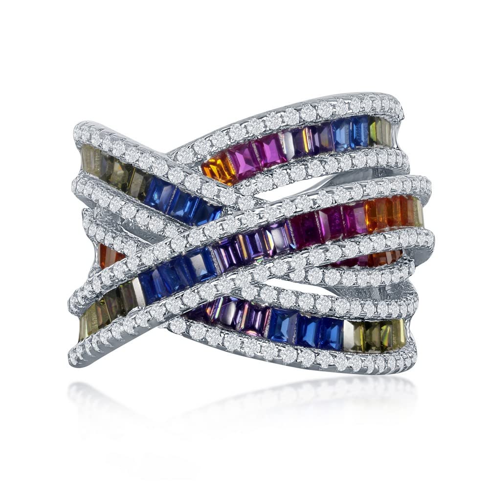 Sterling Silver Rainbow Multicolor Baguette & Clear Round Cubic Zirconia Double X Band Ring for Women - Elegant Stackable Jewelry for Weddings, Parties & Everyday Wear