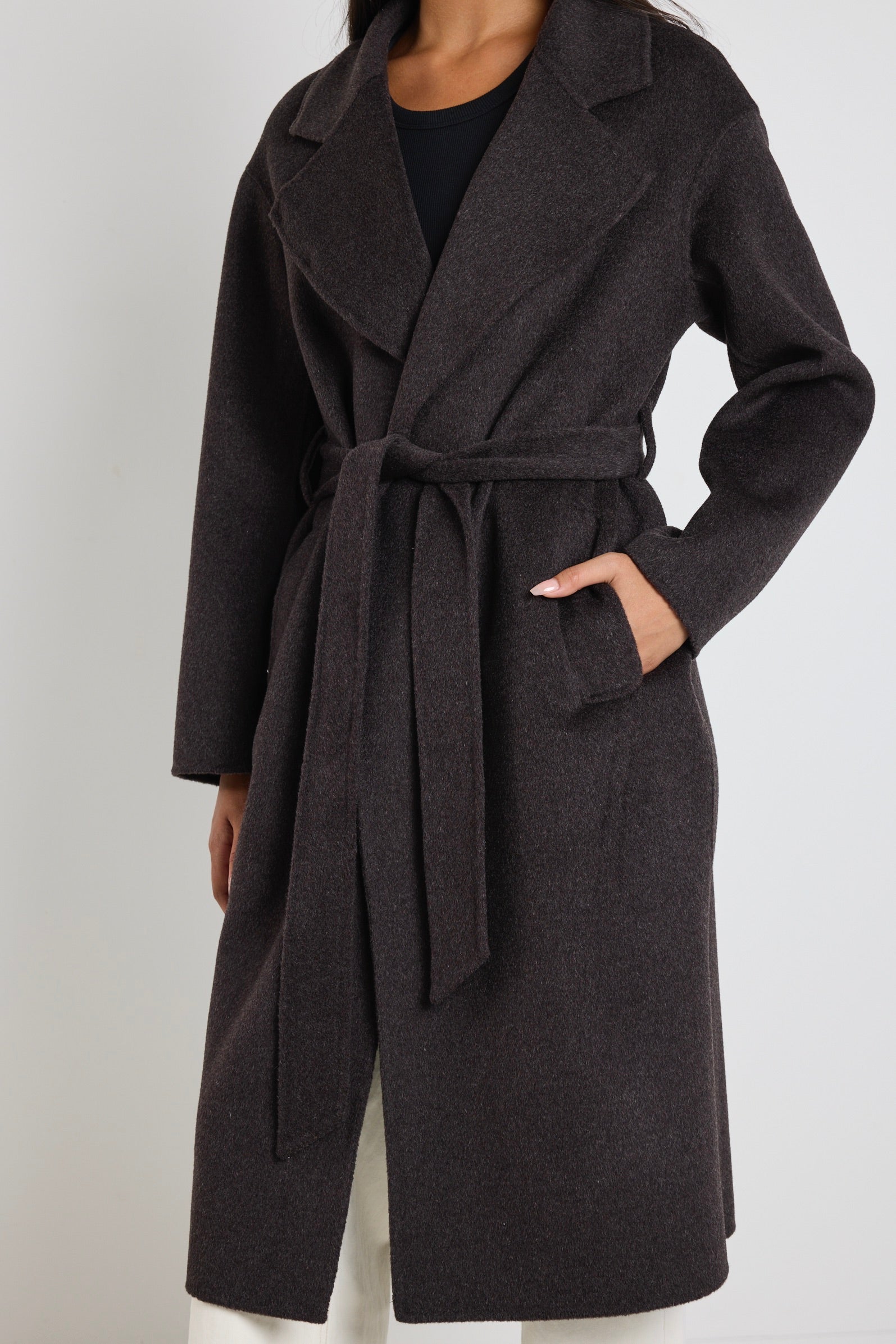 Geneva Chocolate Marble Wool Belted Coat - Women's Winter Trench Coat for Office & Casual Wear