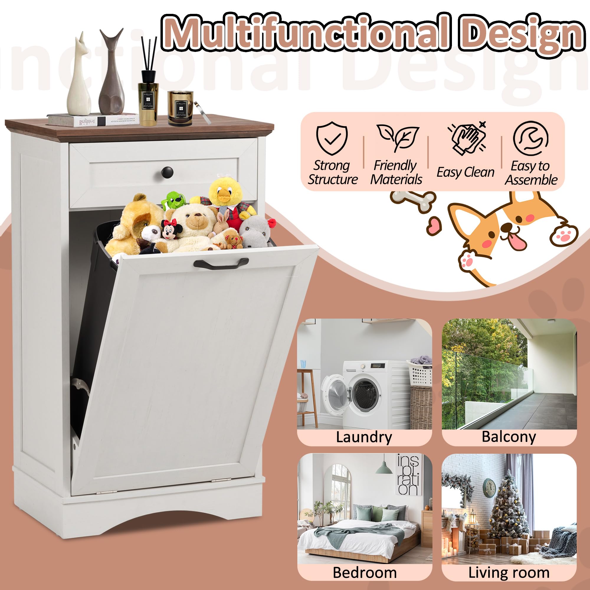 Spurgehom 13 Gallon Tilt-Out Trash Cabinet - Kitchen Waste Bin with Laundry Hamper, Pet-Proof Hidden Trash Can for Kitchen & Living Room in Antique White - Perfect for Small Spaces, Apartments & Pet Owners