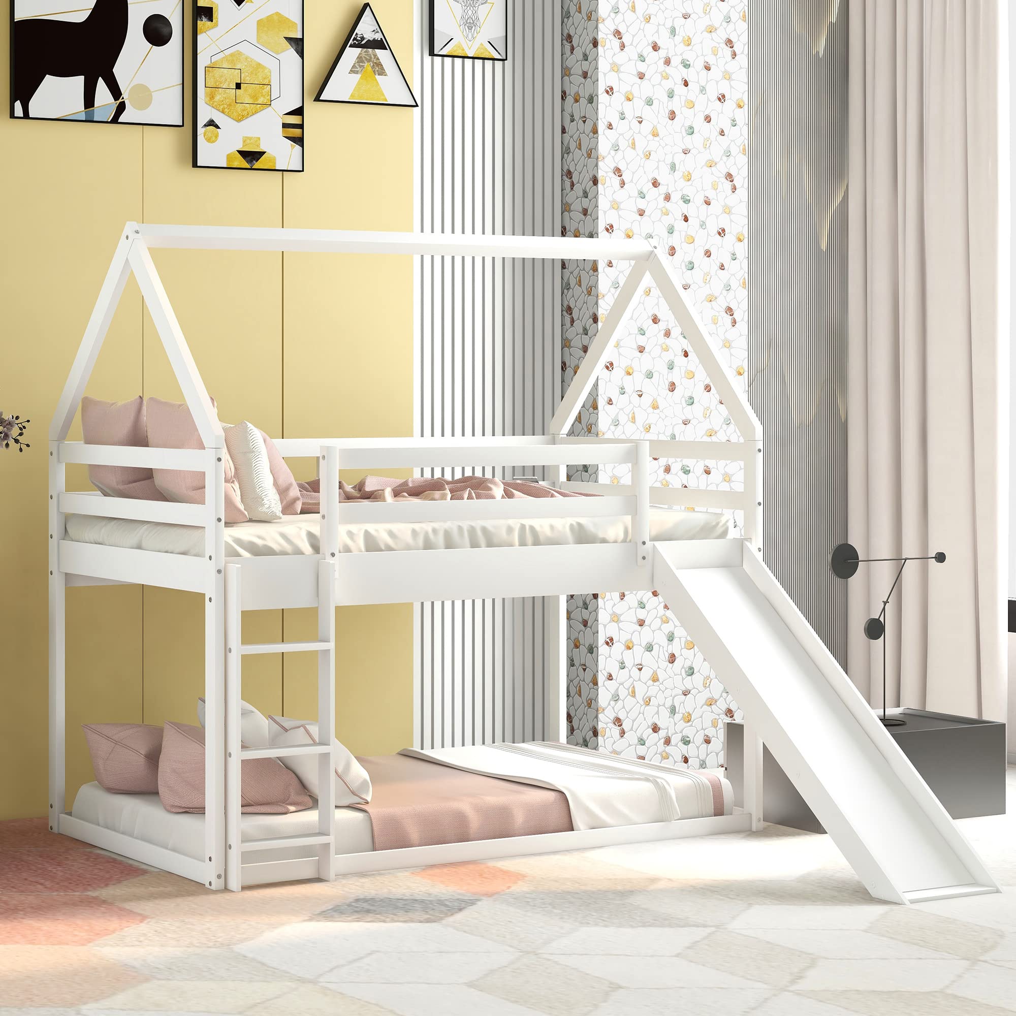 White Twin Over Twin Wooden Bunk Bed with Slide - Kids & Teens House Bunk Bed Frame - Safe Floor Toddler Bunk Bed for Boys & Girls - Perfect for Bedrooms, Playrooms & Small Spaces