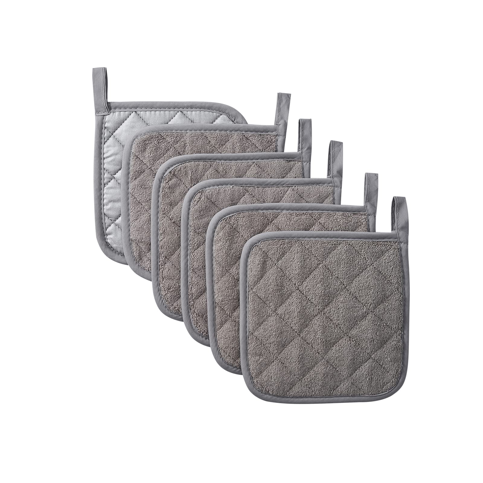 Heat Resistant Cotton Kitchen Pot Holders Set - 7 x 7 Inch (Set of 6) - Oven Mitts, Hot Pads & Trivets for Cooking, Baking & Serving - Grey Terry Cloth for Everyday Kitchen Use