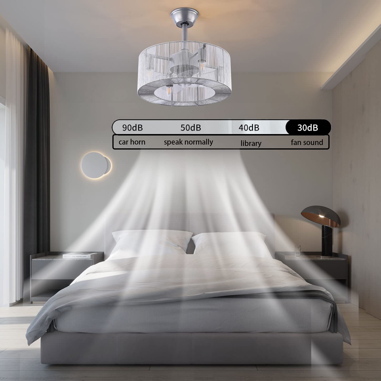 TFCFL 18 Inch Modern Bladeless Ceiling Fan with Remote Control - Low Profile Caged Design, 3 Speed Settings, E26x4 Bulb Base - Perfect for Bedroom, Dining Room & Living Room (Silver) | Energy Efficient Indoor Cooling & Stylish Lighting Solution