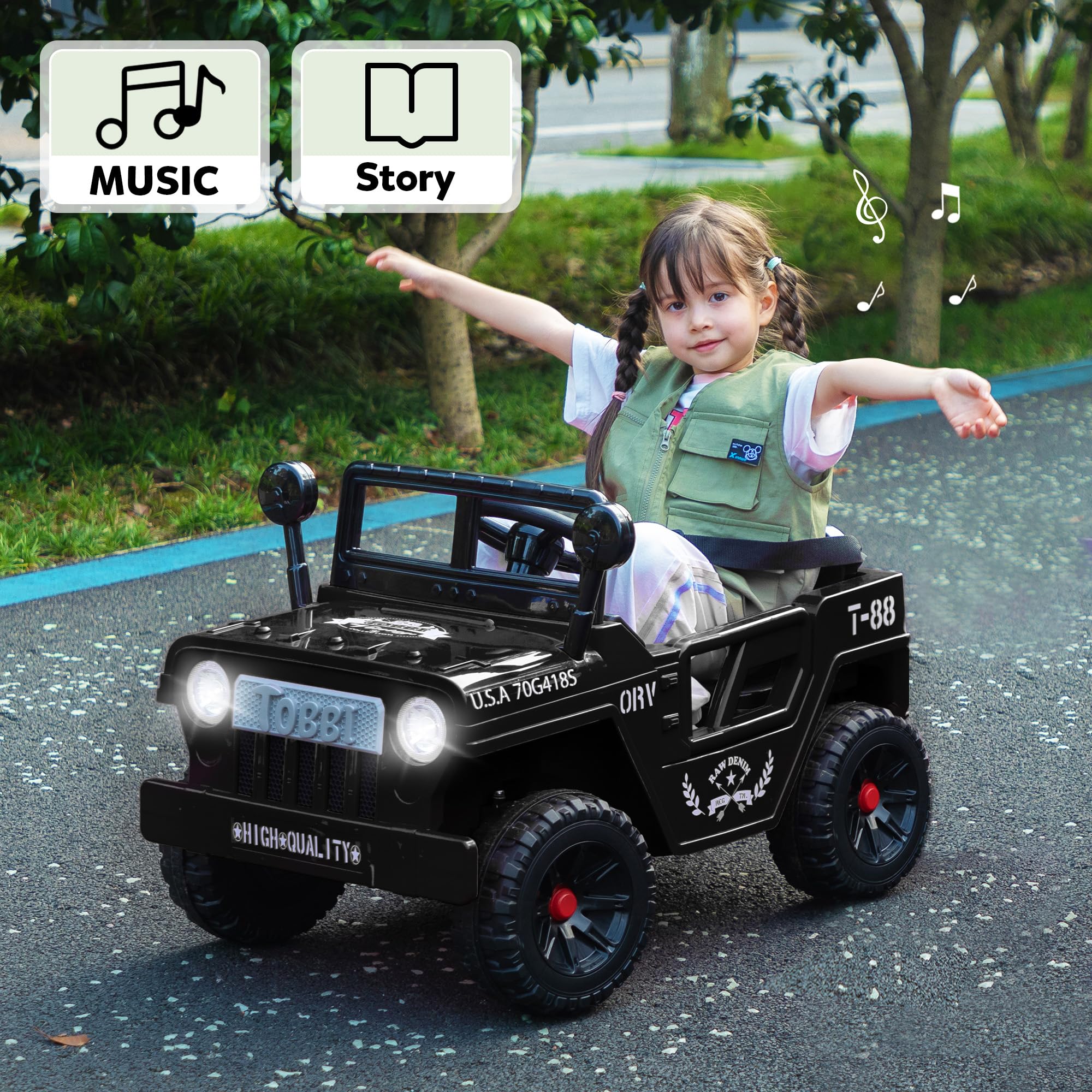 TOBBI 12V Kids Electric Ride On Toy Car - Battery Powered Off-Road Truck with LED Lights, Horn & Suspension - Best Gift for Boys & Girls Ages 3-6 (Black) - Perfect for Outdoor Play, Birthday Presents & Backyard Adventures