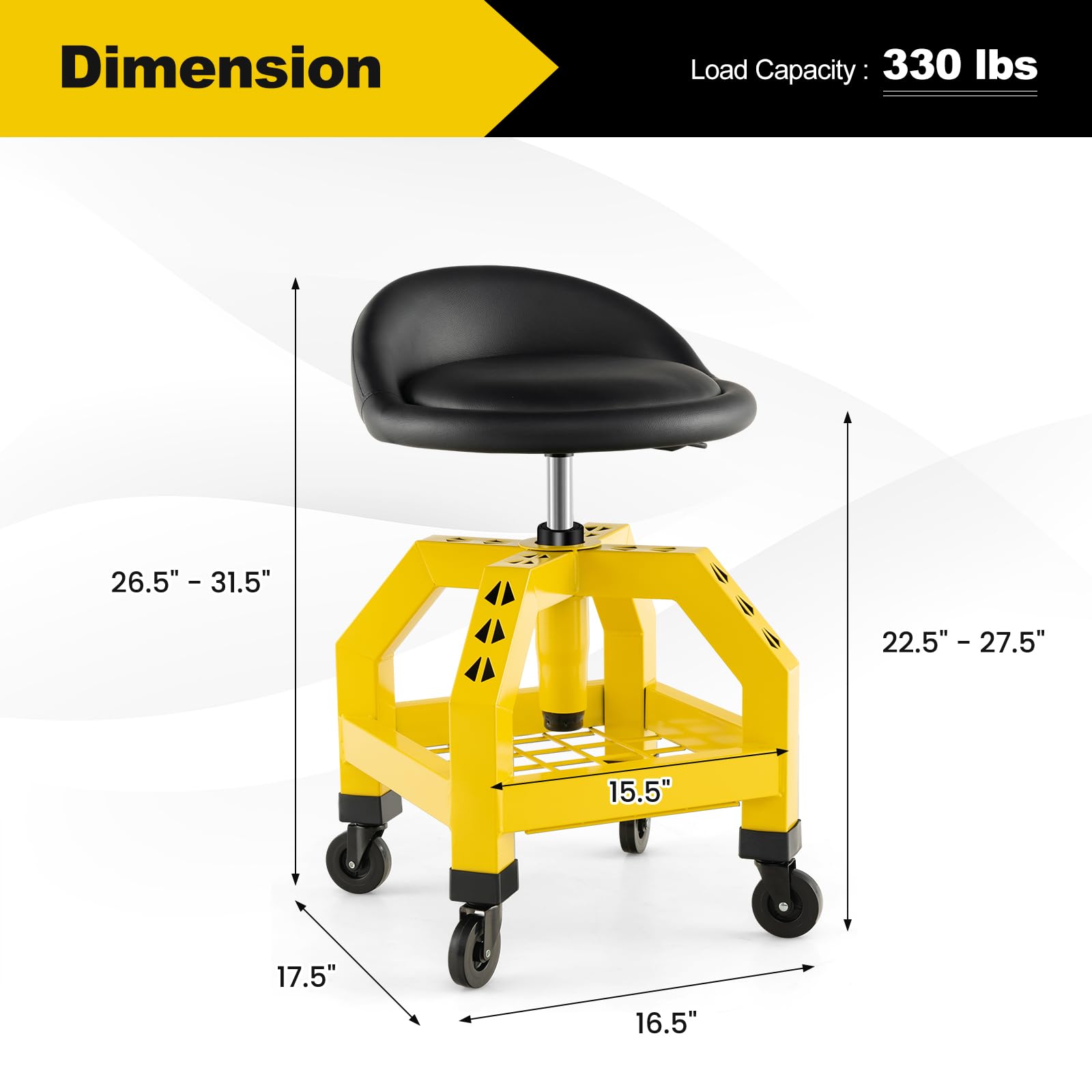 Goplus Heavy Duty Mechanic Stool with Wheels - 360° Swivel Rolling Garage Stool, Adjustable Height 22.5”-27.5”, Padded Seat & Tool Tray, 330 LBS Capacity - Perfect for Auto Repair, Workshop, DIY Projects & Industrial Use
