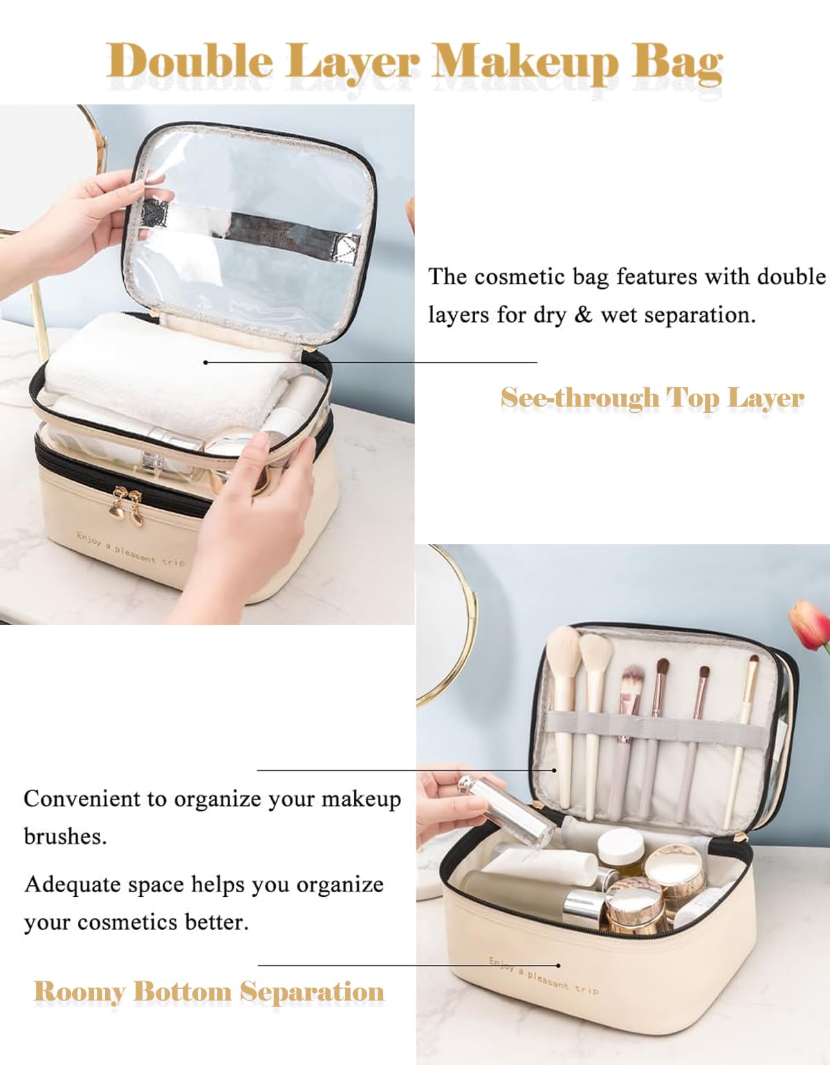 Double Layer Clear Waterproof Makeup Bag with Handle - Travel Cosmetic Organizer for Women, Girls Toiletry Case for Bottles, Brushes & Skincare Products - Perfect for Travel, Gym & Daily Use (White)