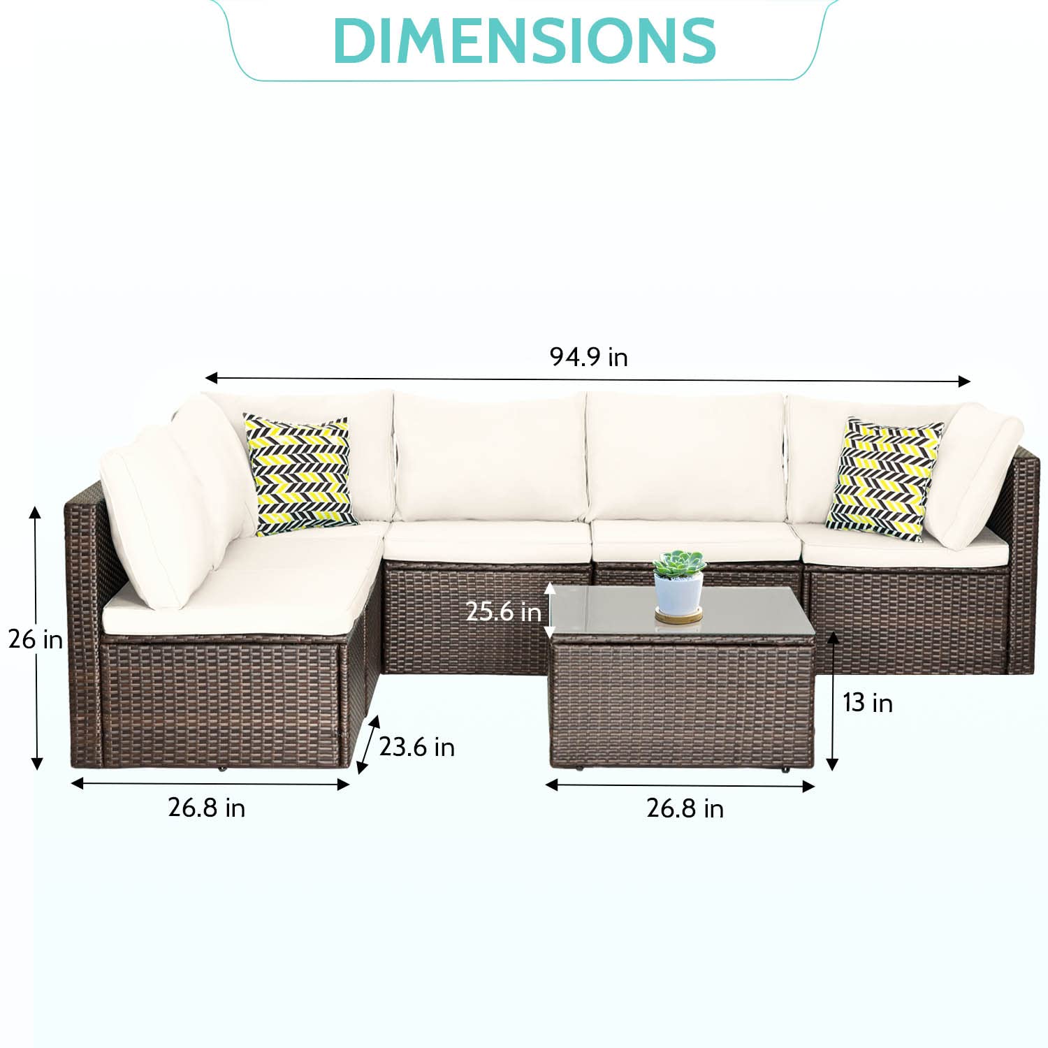 7-Piece Outdoor Patio Furniture Set - Wicker Conversation Sectional Sofa with Coffee Table - Khaki Cushioned Backyard, Porch, Balcony & Poolside Lounge Set for Relaxing & Entertaining