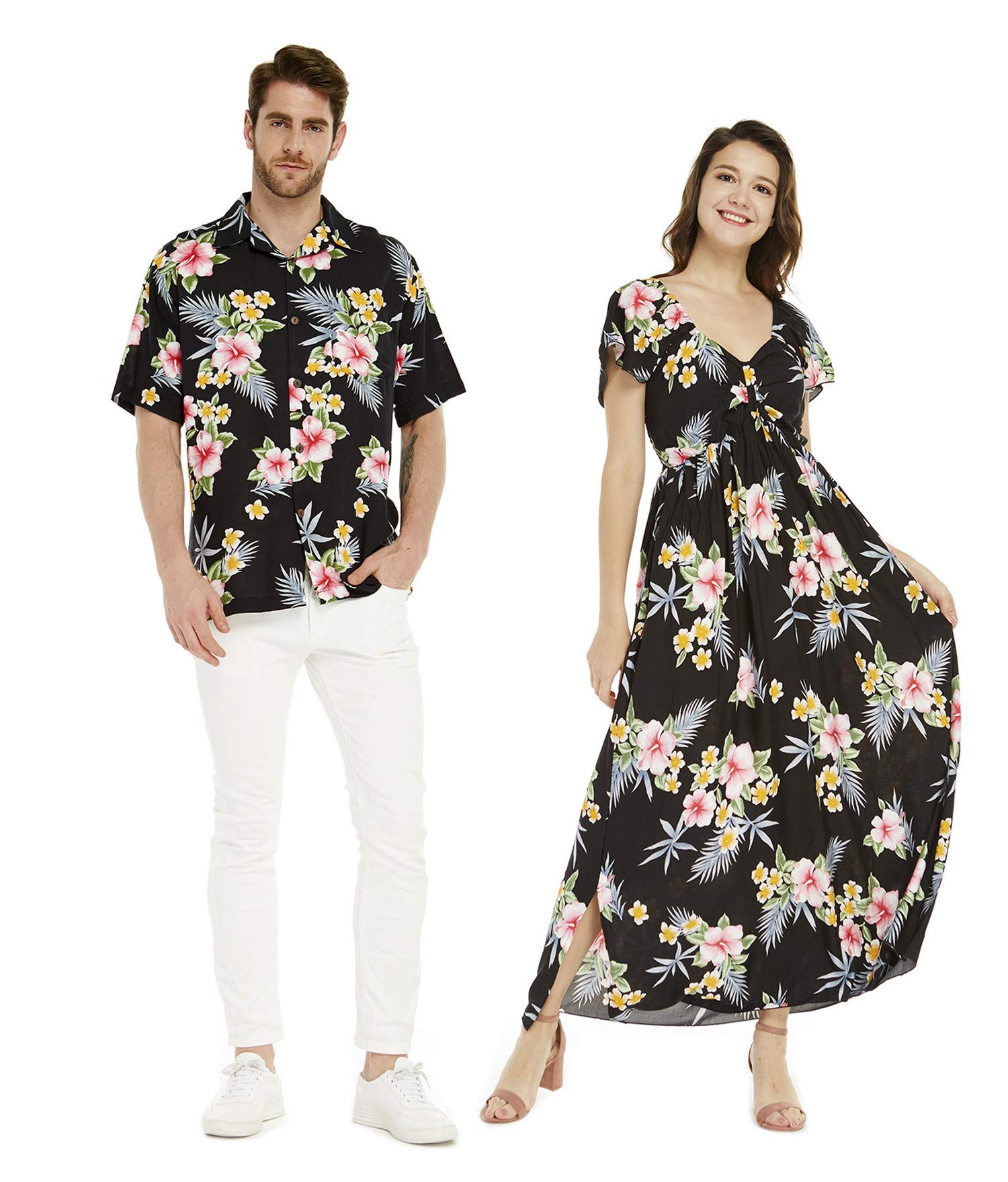 **Hawaiian Luau Couple Matching Aloha Shirts & Maxi Dress with Ruffle Sleeves – Hibiscus Print for Beach Vacations, Summer Parties, and Tropical Getaways**