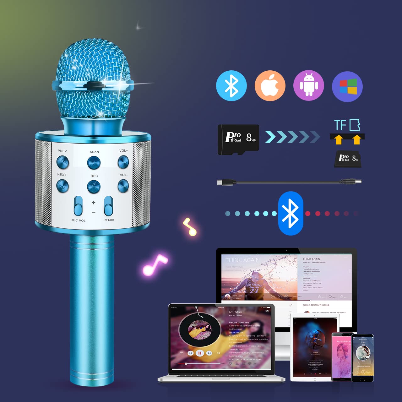 Bluetooth Microphone for Kids Ages 3-12 - Wireless Singing Toy with LED Lights, Perfect Gift for Boys & Girls - Fun Karaoke Microphone for Parties, Playtime & Home Entertainment