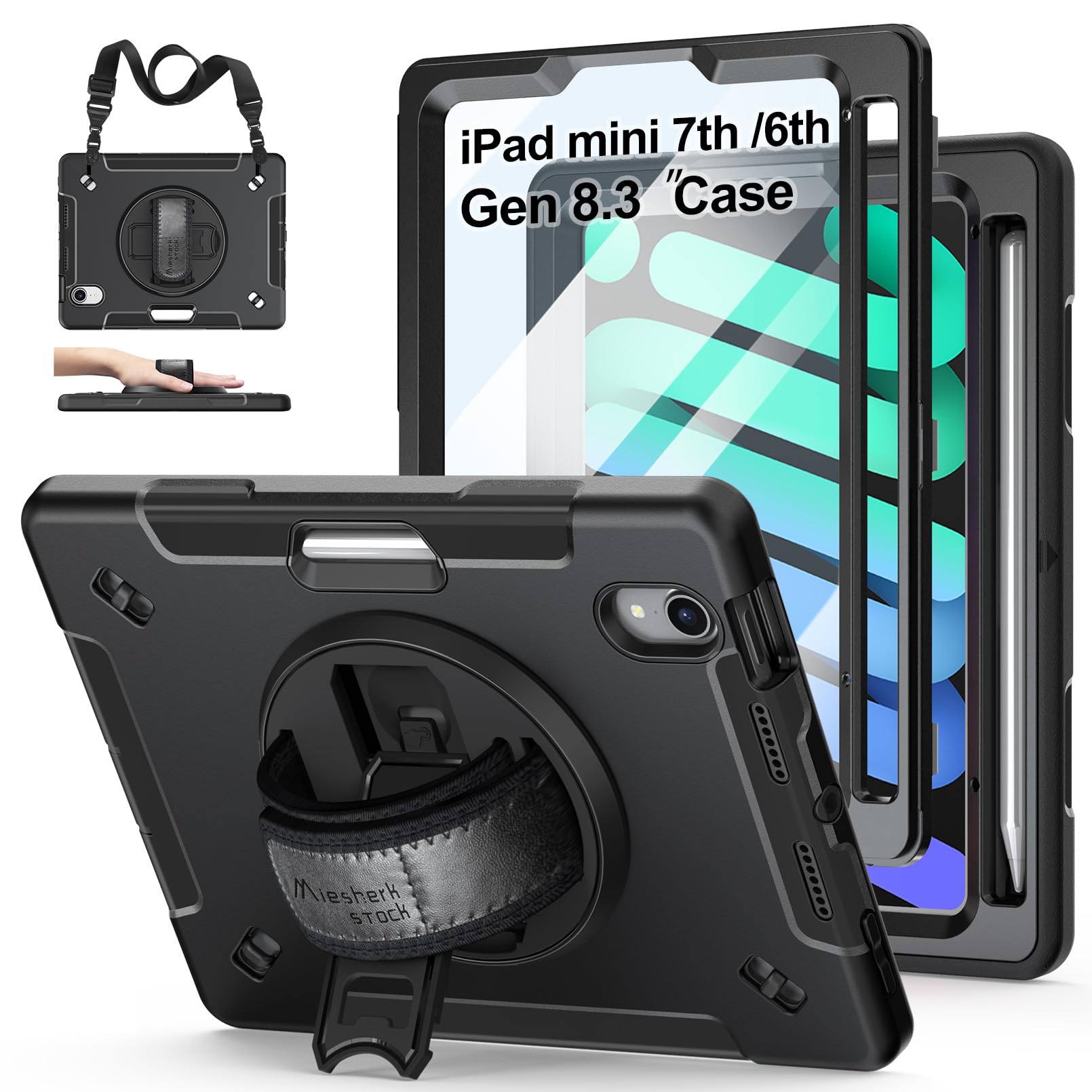 Military Grade Shockproof iPad Mini 7 Case (2024 Model A17 Pro) - 8.3 Inch Protective Cover with Screen Protector for iPad Mini 7th/6th Gen - Includes Stand, Handle, Shoulder Strap & Apple Pencil Holder - Perfect for Travel, Work & Outdoor Activities - Black