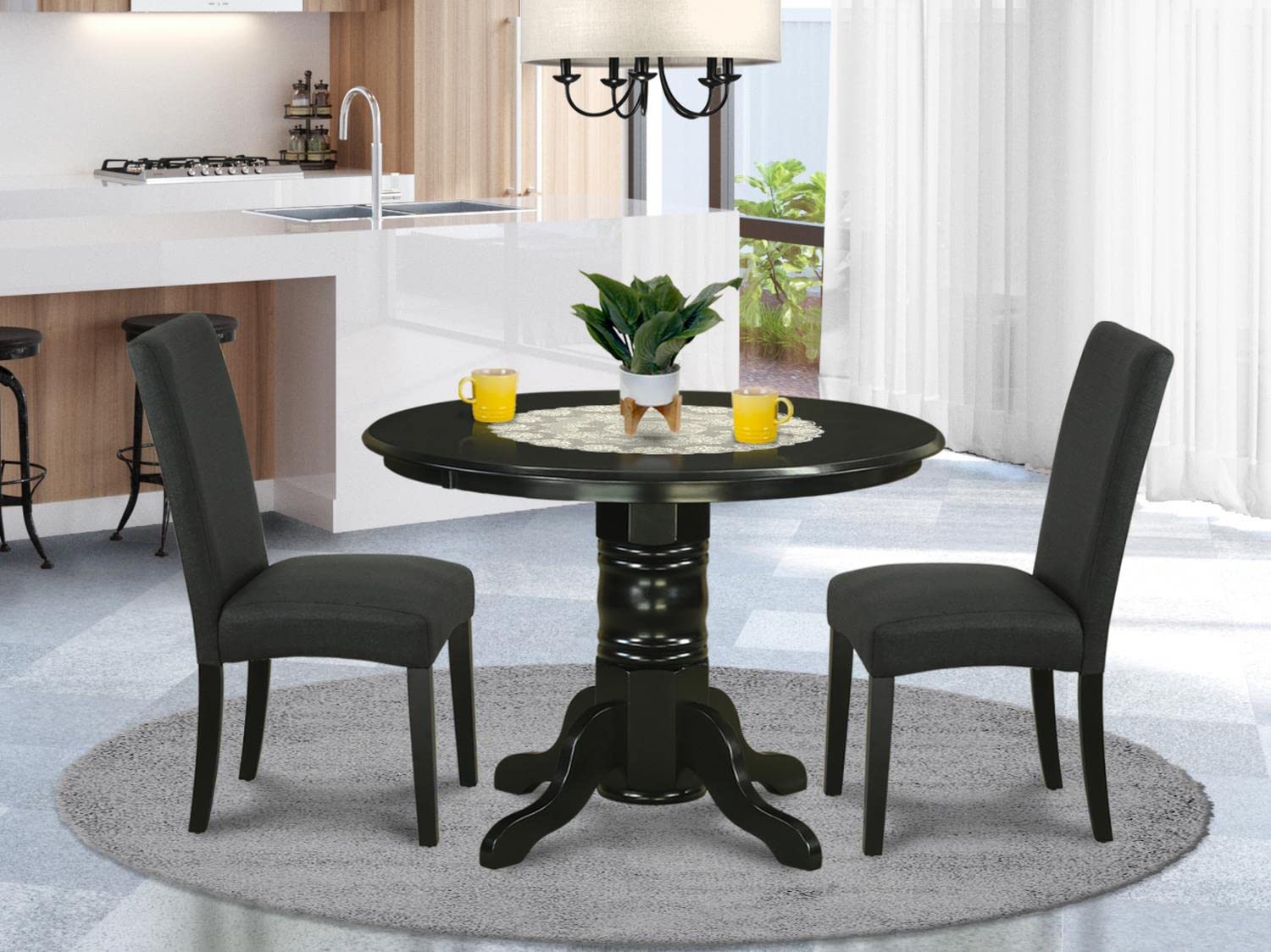 East West Furniture 3-Piece Kitchen Table Set with Round Pedestal Dining Table & 2 Black Linen Upholstered Chairs, 42x42 Inch - Perfect for Small Spaces, Breakfast Nooks & Cozy Dining Areas