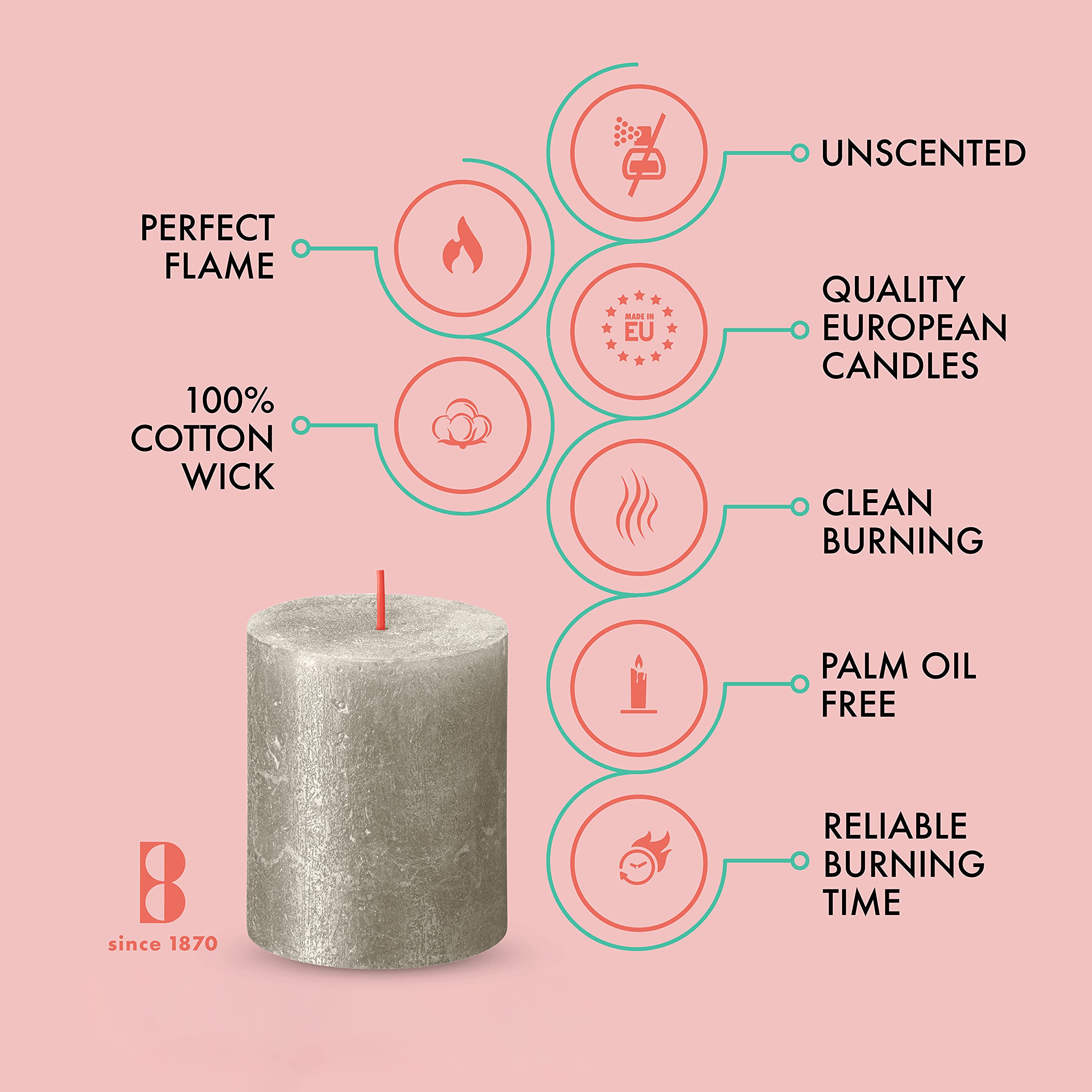 BOLSIUS Silver Shimmer Metallic Pillar Candles 4 Pack - 2.75
