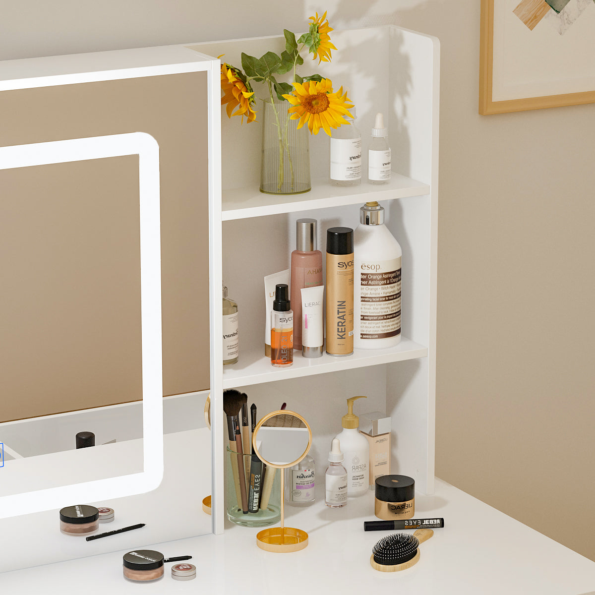 Professional Makeup Vanity Set with LED Sliding Mirror, Soft Cushioned Stool, 5 Storage Drawers & Shelves - Perfect for Beauty Room, Bedroom Dressing Table & Home Salon Setup