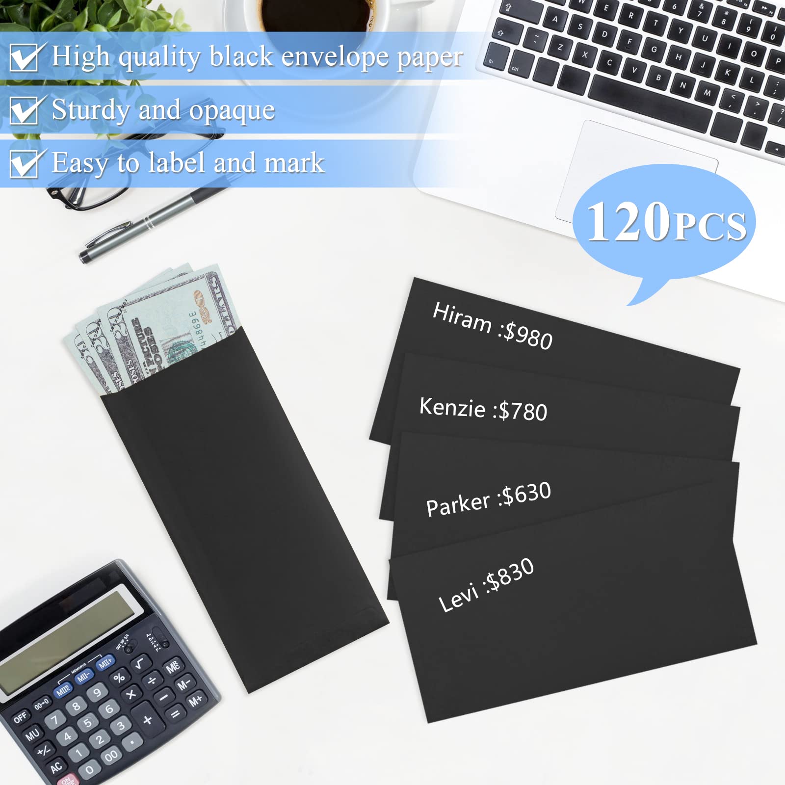 120 Cash Envelopes for Money Saving Challenge - 3.2x6.6 Inch Black Budget Envelopes (80 GSM) for Cash, Coins, Checks, Gift Cards & Tickets - Perfect for Dave Ramsey Envelope System, Personal Finance & Cash Budgeting