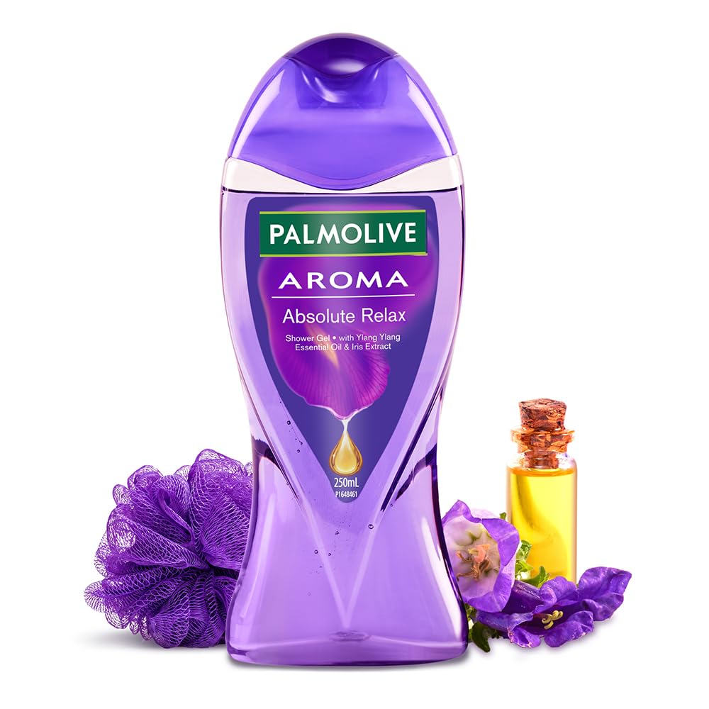 Palmolive Iris Flower & Ylang Ylang Essential Oil Body Wash - Moisturizing, pH Balanced, Paraben & Silicone Free (250ml) for Soft & Youthful Skin | Relaxing Aromatherapy Shower with Free Loofah | Perfect for Spa Nights & Stress Relief