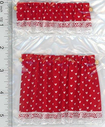 Miniature Red Cottage Dollhouse Curtains with Hearts Design - Perfect for DIY Dollhouse Decor, Fairy Garden, and Miniature Room Accessories