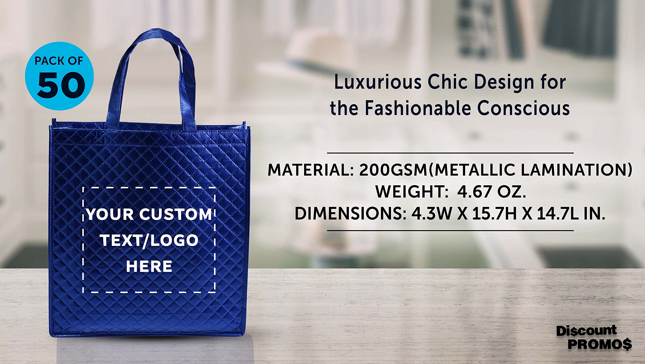 Custom Luxury Laminated Tote Bags - Bulk Pack of 50 Personalized Reusable Shopping Bags | Royal Blue | Perfect for Beach Outings, Wedding Favors, Corporate Events & Retail Promotions