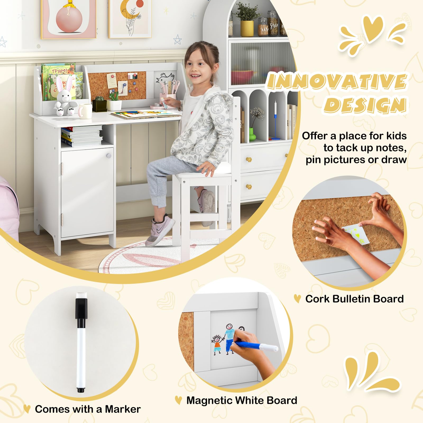 Costzon Kids Desk and Chair Set - Adjustable Wooden Study Table with Storage, Hutch, Cork Board & Whiteboard | Ergonomic Children's Writing Desk for Homework, Online Learning & Bedroom | Perfect for School, Homeschool & Small Spaces (White)