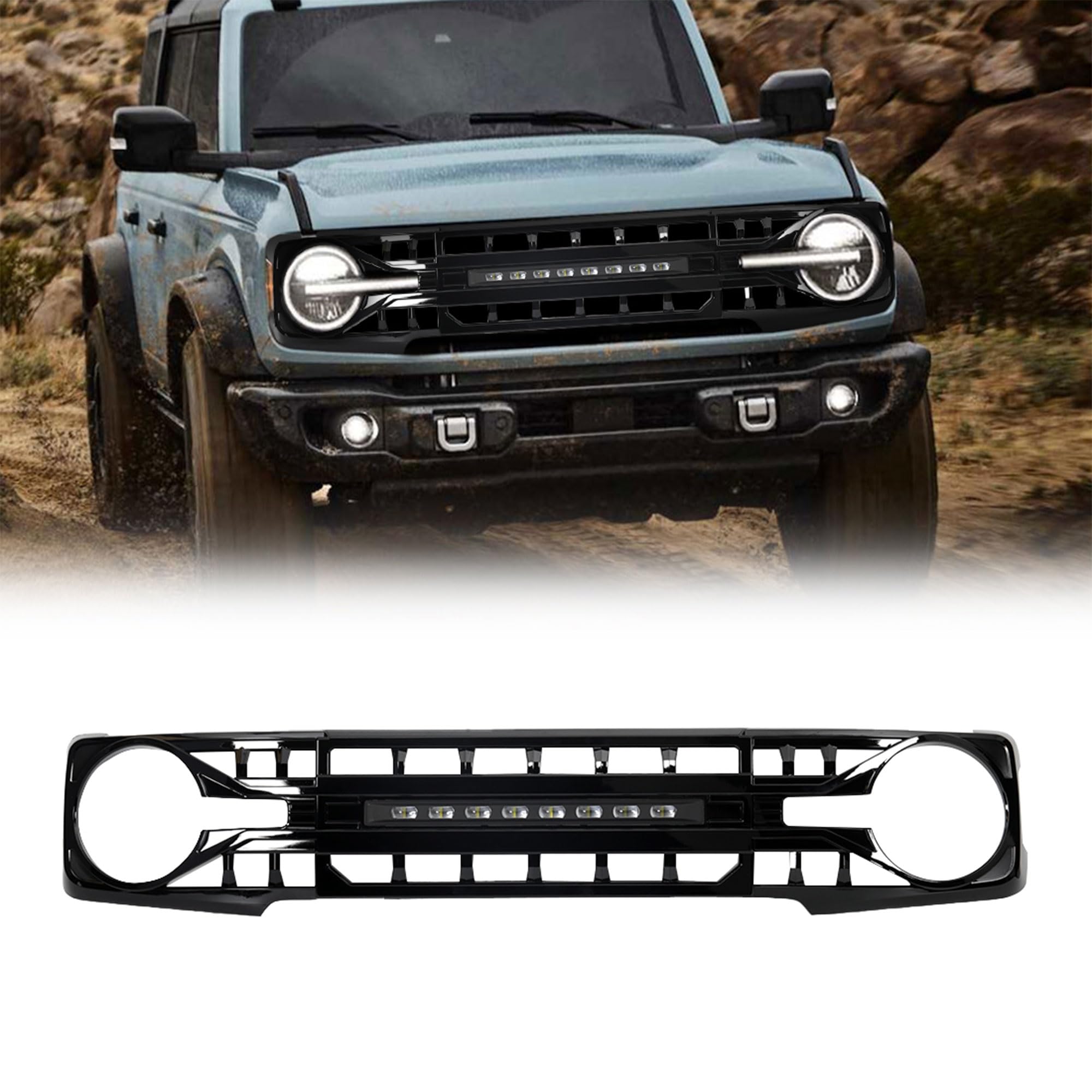 2021-2023 Ford Bronco Front Bumper Grille | Matte Black Off-Road Replacement Grill with LED Lights | Perfect for Trail Riding & Off-Road Adventures