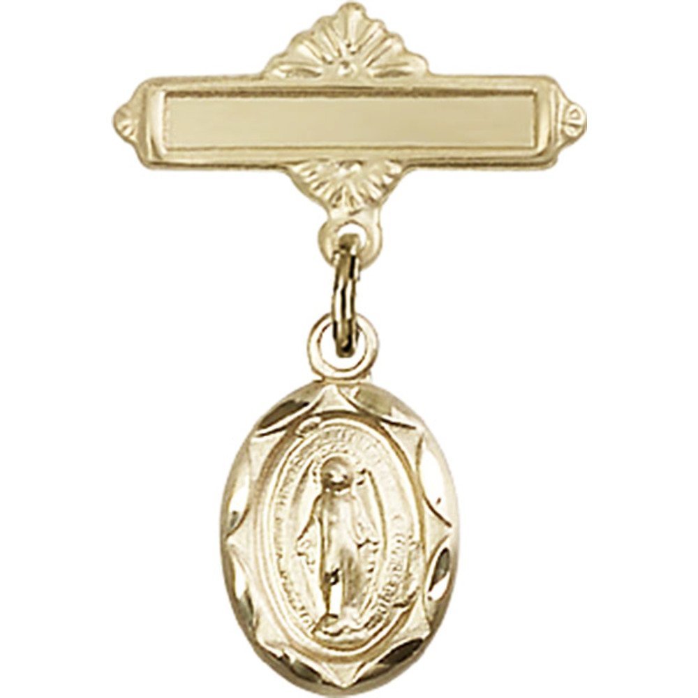 Bonyak Jewelry Saint Medal Collection - Gold Filled Baby Badge with Miraculous Charm & Polished Pin (1 X 5/8 inches) - Perfect for Baptism Gifts, First Communion & Religious Jewelry