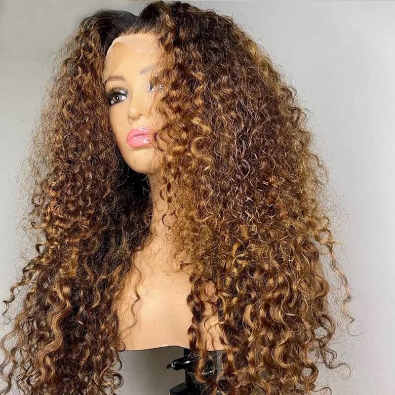 Eullair Ombre 1B/30 Brown Highlights Curly Human Hair Wig with 1B Roots Lace Frontal - Natural Look for Cosplay, Daily Wear & Special Occasions