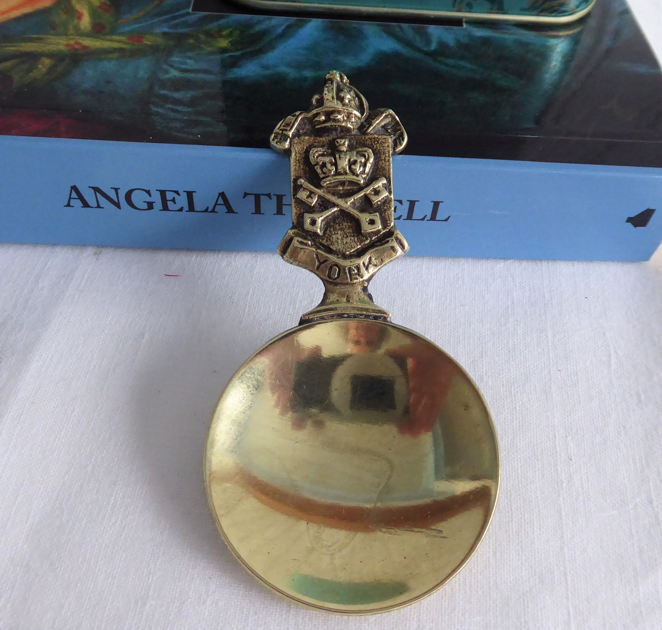 Antique Victorian Brass Tea Caddy Spoon - York Crossed Keys & Mitre Design 1890s Souvenir - Perfect for Tea Ceremonies, Collectors & Home Decor